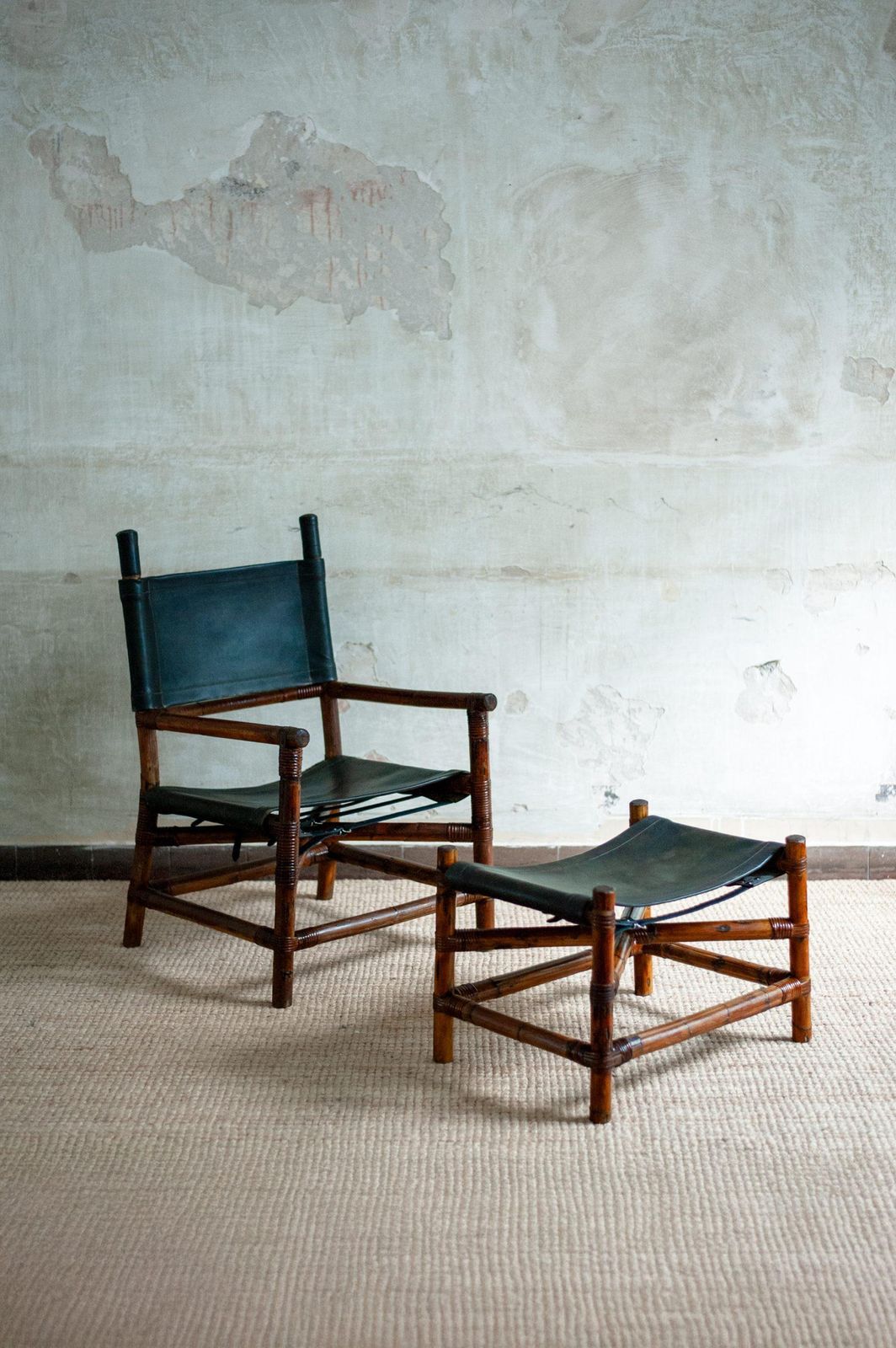 Bamboo Lounge Set With Chair And Footstool   1970s photo furniture