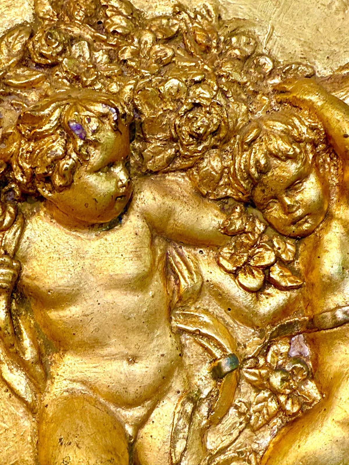 photo for sale 19th Century Gilded Plaster Oval Bas Relief With Putti And Garlands