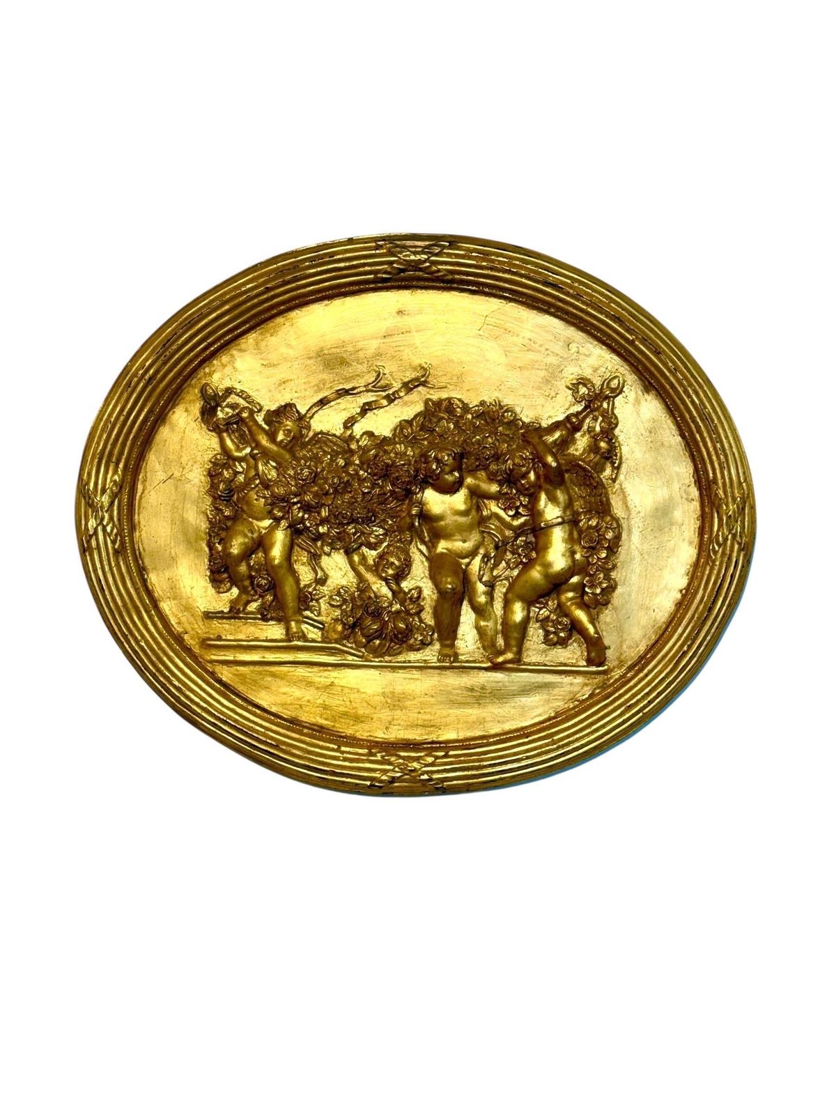 Art 19th Century Gilded Plaster Oval Bas Relief With Putti And Garlands photo
