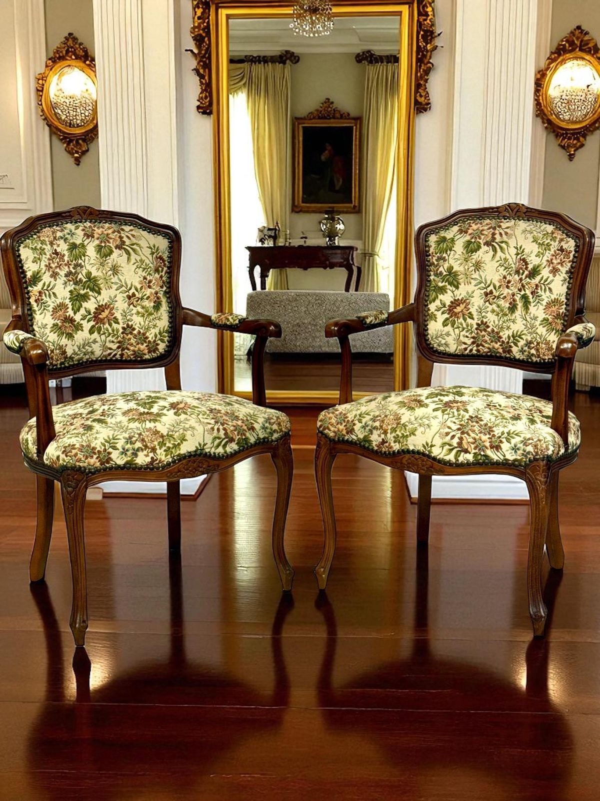1811.0 Pair Of French Beech Louis XV Style Armchairs With Floral Tapestry, 20th C. photo