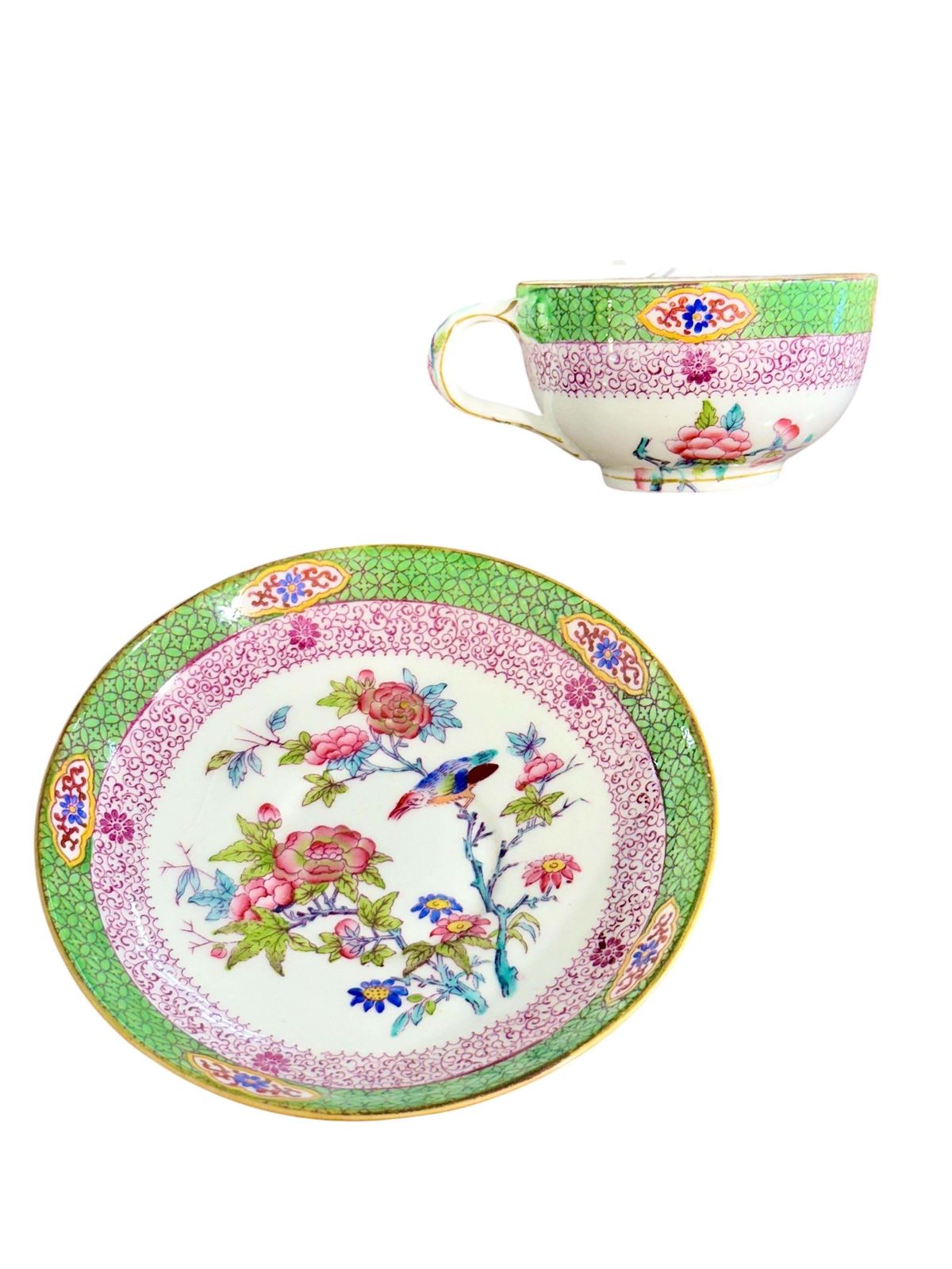 19th Century Set Of 7 English Porcelain Tea Cups & Saucers, 6 Signed Minton photo vintage