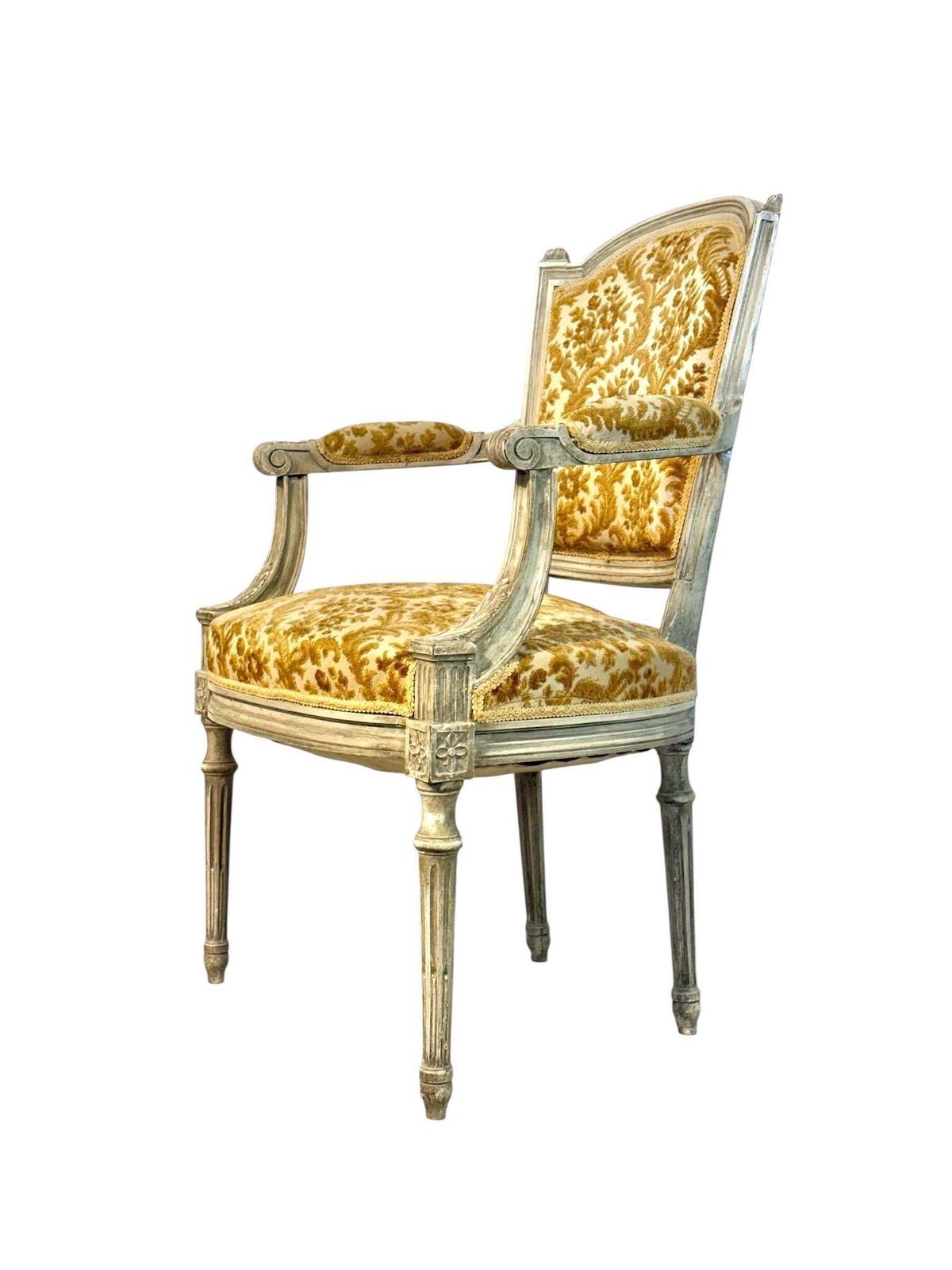 19th Century French Louis XVI Armchair, Patinated Lacquer And Damask photo furniture