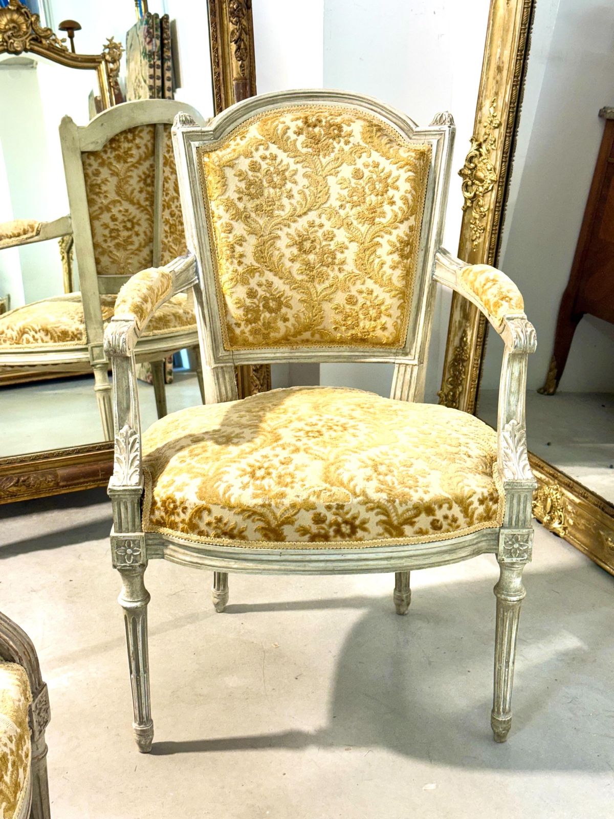 photo furniture 19th Century French Louis XVI Armchair, Patinated Lacquer And Damask