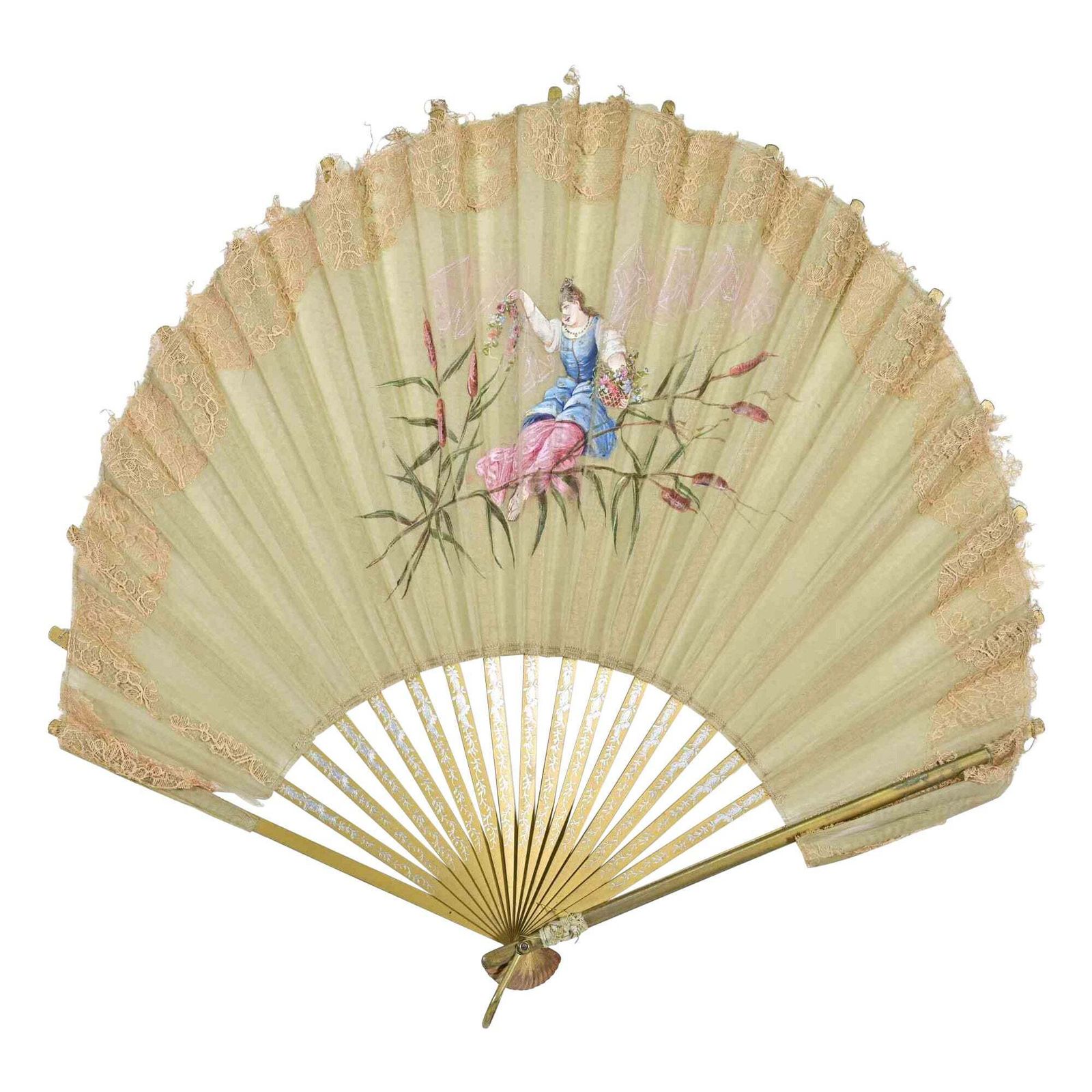 Fine Hand Painted Silk And Lace Fan, Early 20th Century