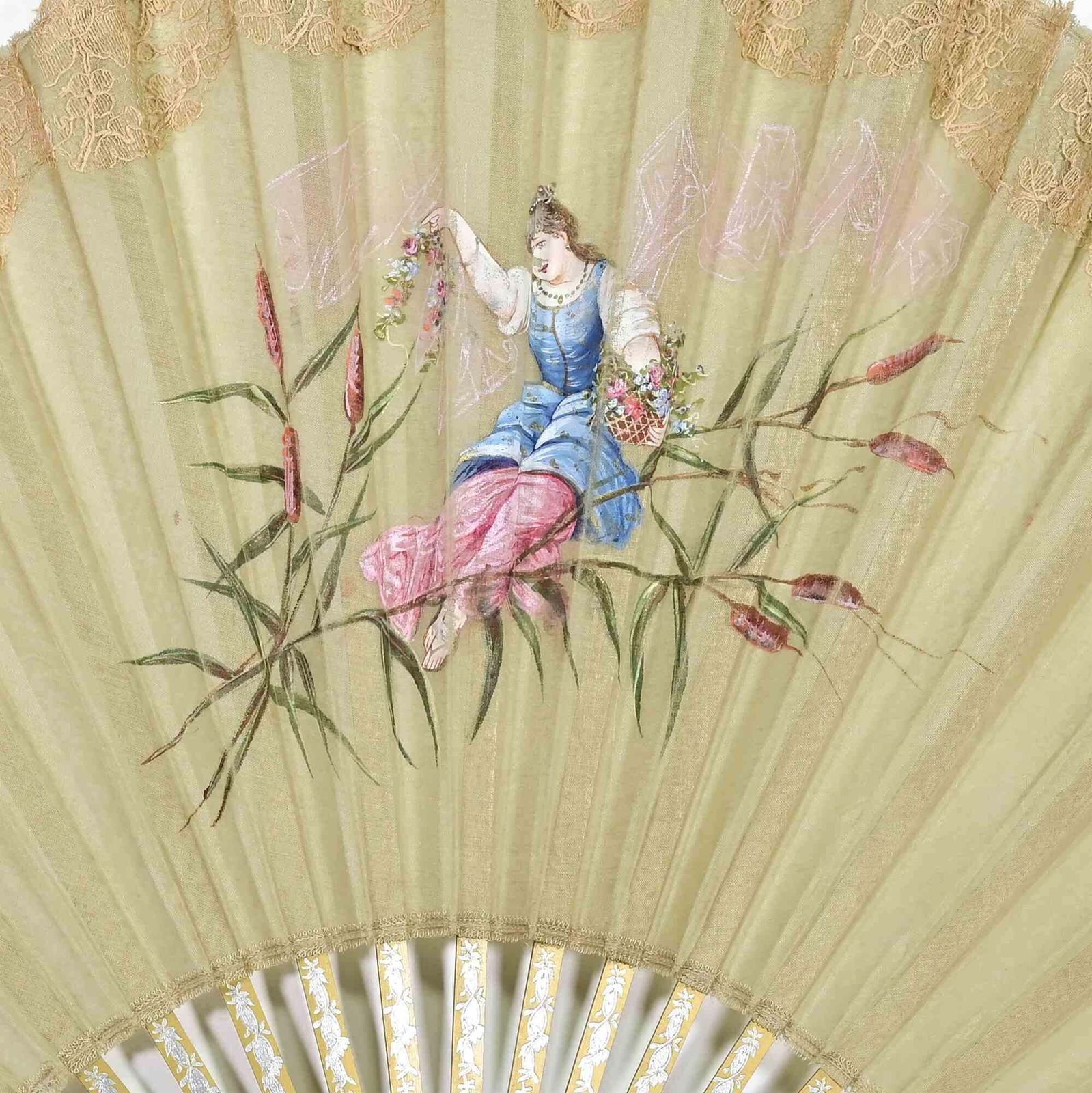 Fine Hand Painted Silk And Lace Fan, Early 20th Century photo for sale