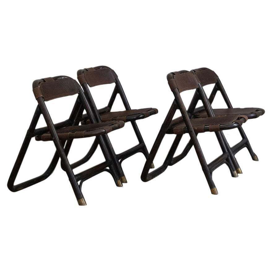Bamboo And Leather Chairs Attributed To Tito Agnoli, 1970s, Set Of 4