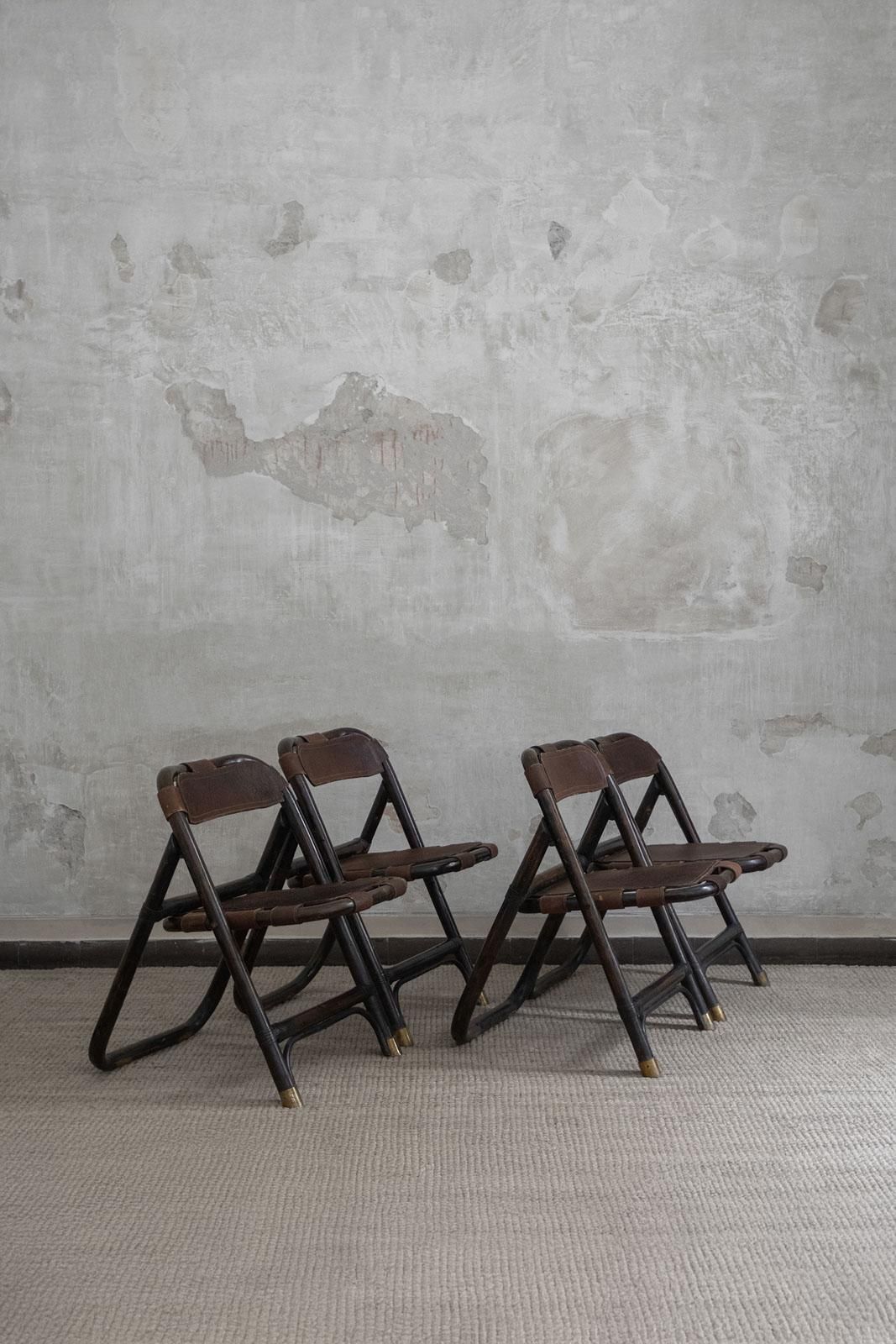 Bamboo And Leather Chairs Attributed To Tito Agnoli, 1970s, Set Of 4 photo furniture