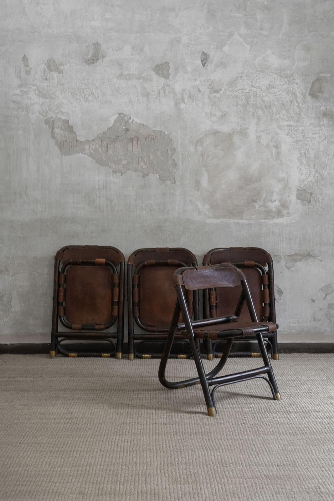 Bamboo And Leather Chairs Attributed To Tito Agnoli, 1970s, Set Of 4 photo 4148.0