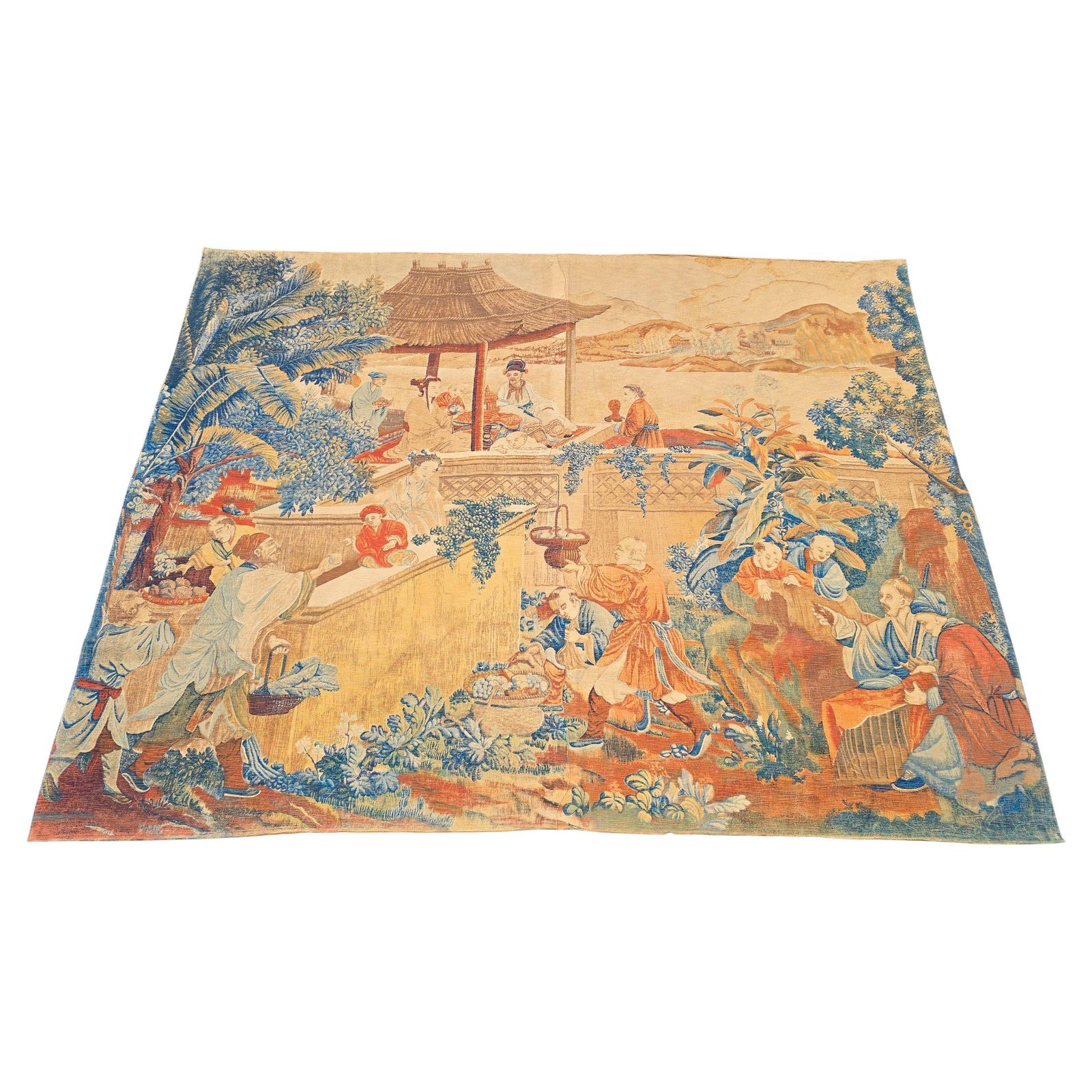 Monumental European Chinoiserie Tapestry, Hand Painted Textile, Circa 1900–1930