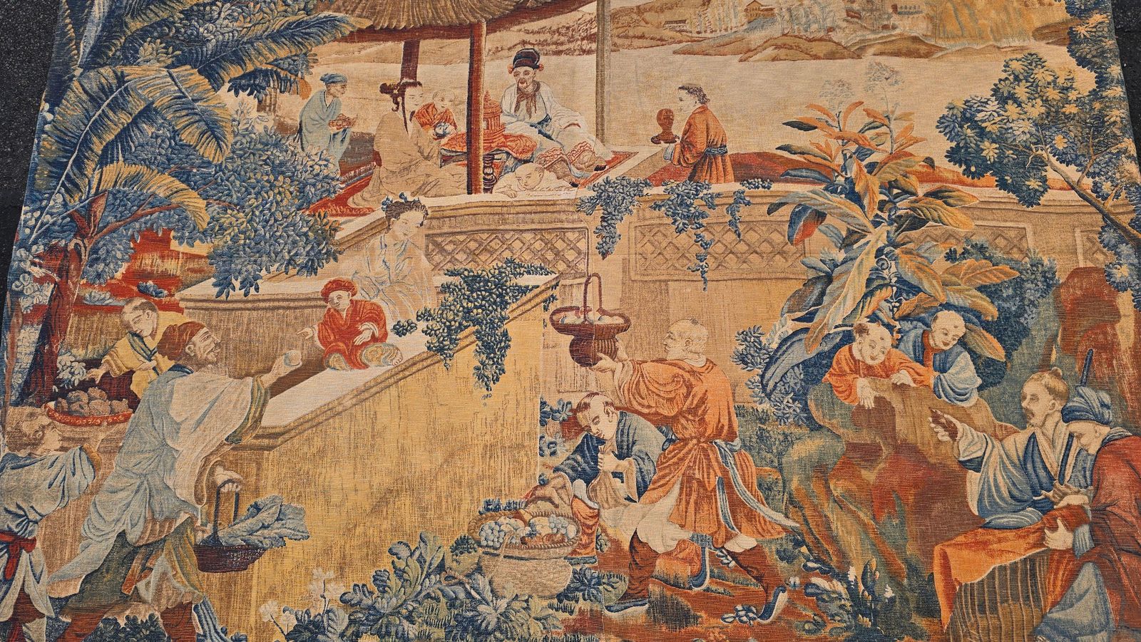 Monumental European Chinoiserie Tapestry, Hand Painted Textile, Circa 1900–1930 photo for sale