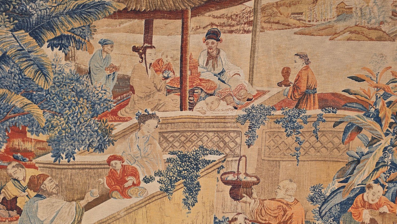 Monumental European Chinoiserie Tapestry, Hand Painted Textile, Circa 1900–1930 photo Art