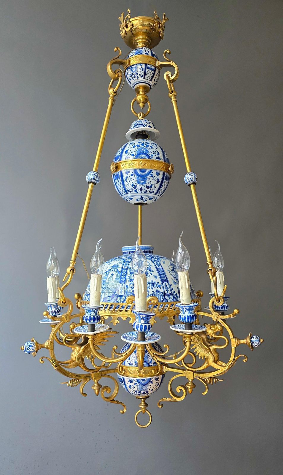 Monumental 19th Century Dutch Delftware And Gilt Bronze Chandelier With Griffin photo furniture