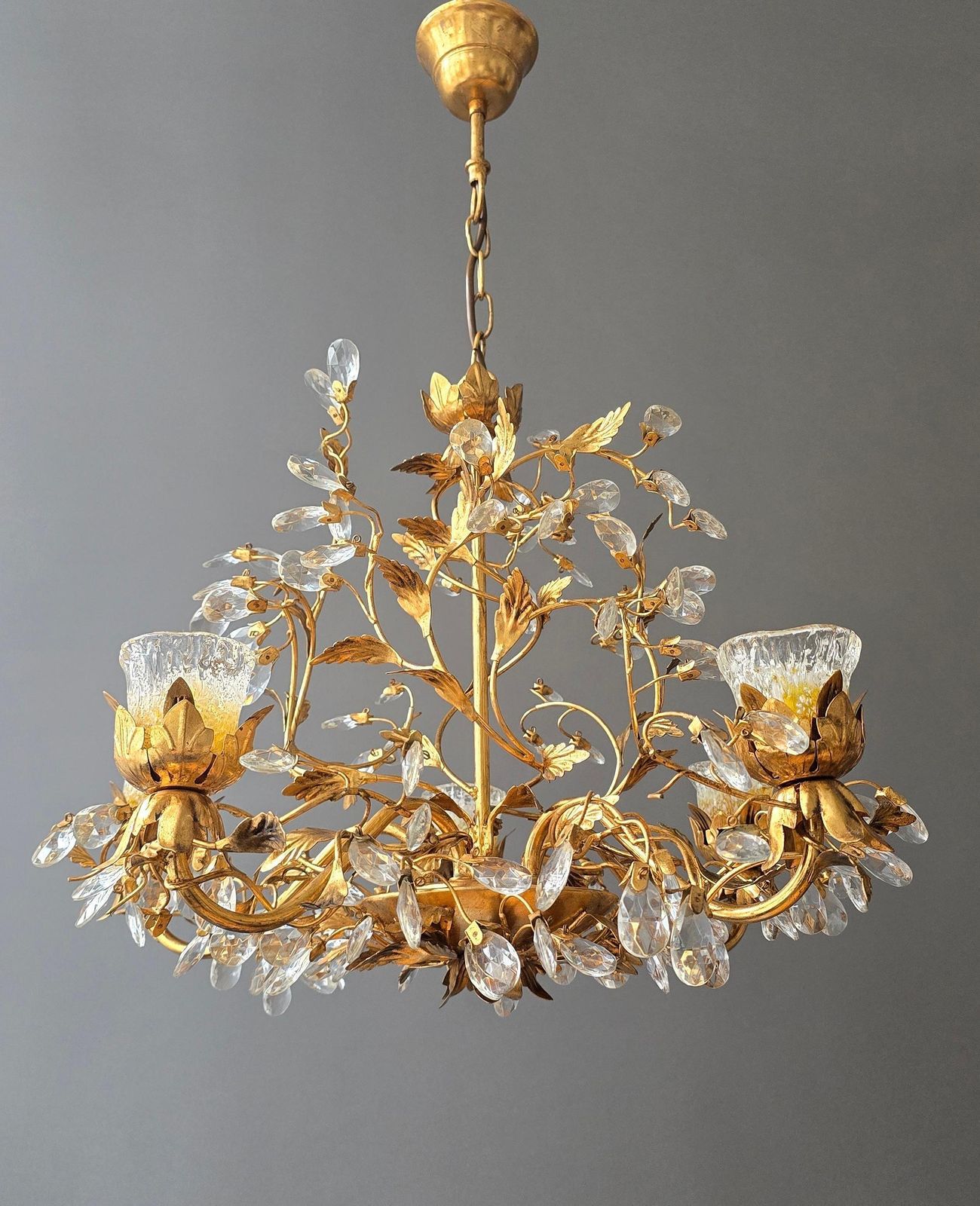 Rare Italian Floral Chandelier With Murano Glass Tulip Shades, Circa 1950s photo for sale