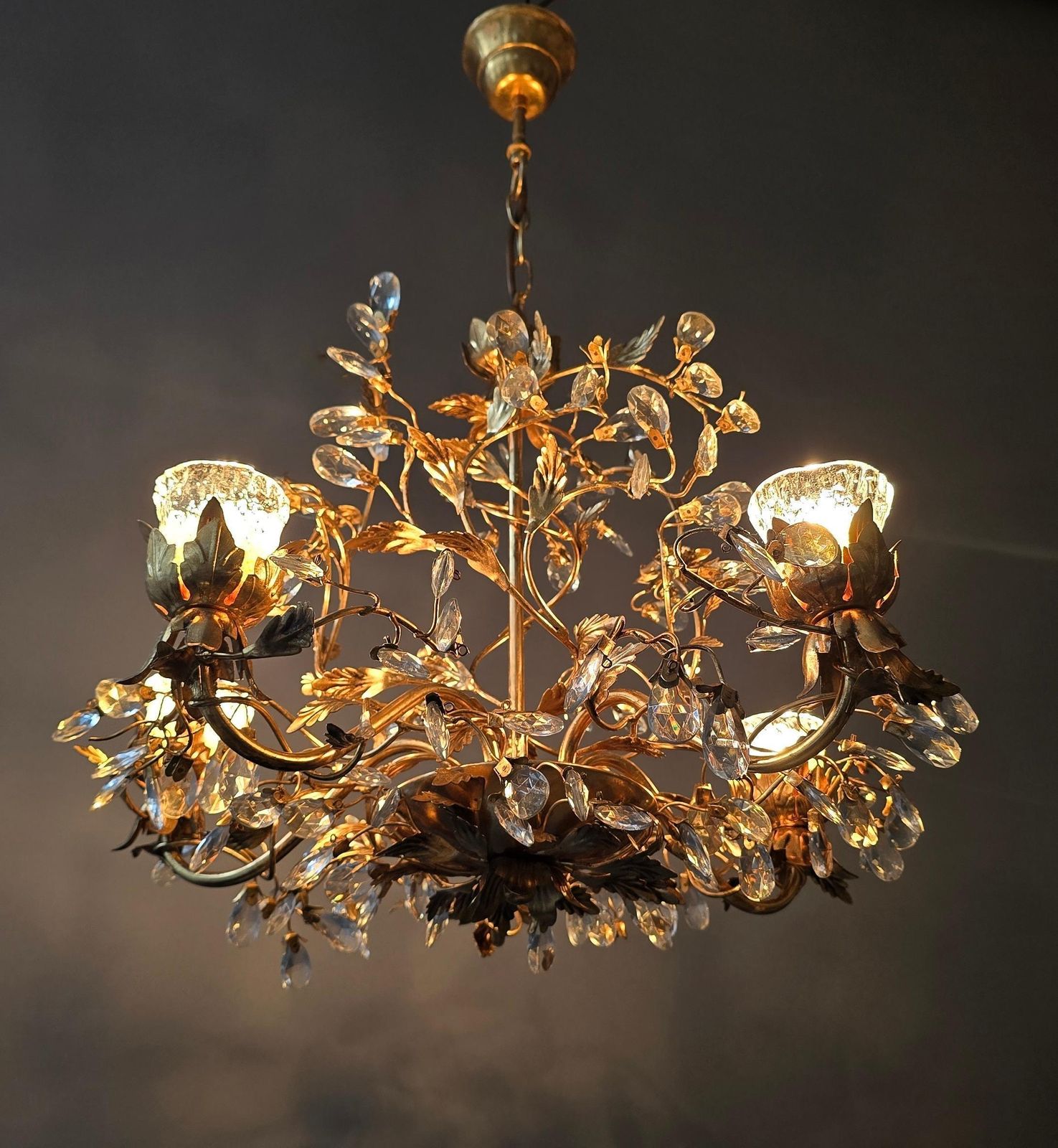 photo furniture Rare Italian Floral Chandelier With Murano Glass Tulip Shades, Circa 1950s