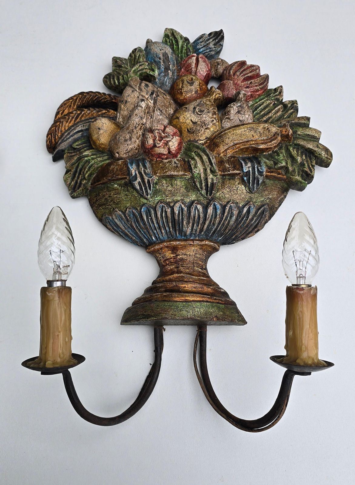 Pair Of Hand Carved Italian Fruit Basket Wall Sconces, Florentine, Ca. 1880–1900 photo Art