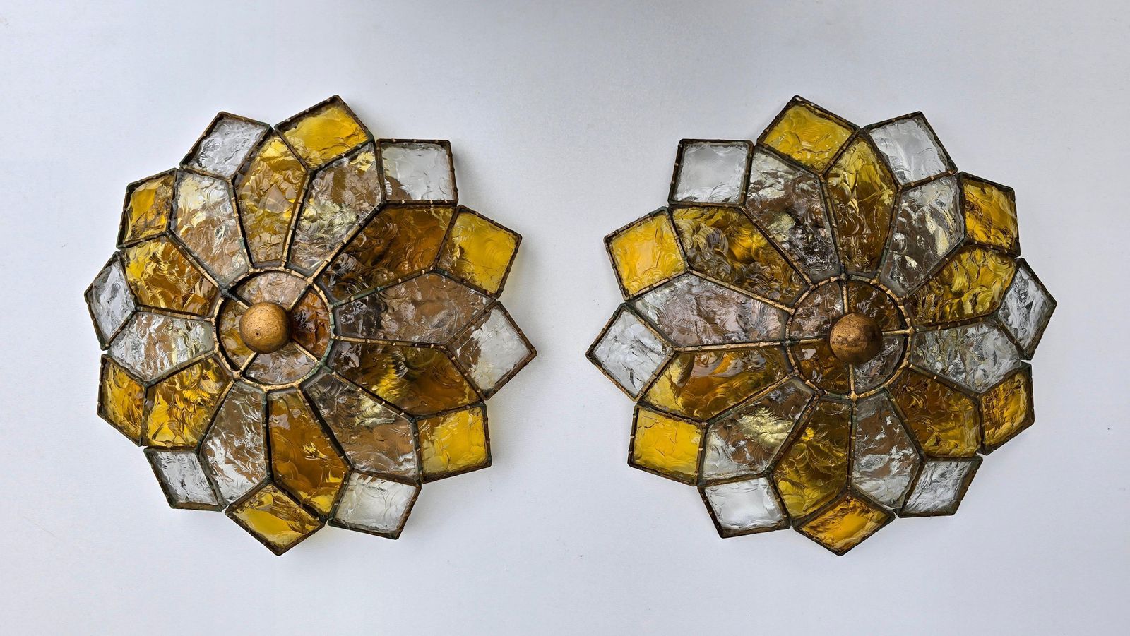 Two Italian Brutalist Glam Textured Glass Flush Mount In Brass Finished Steel photo furniture