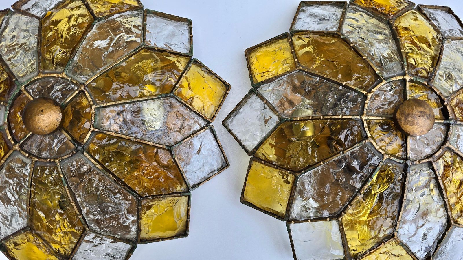 Two Italian Brutalist Glam Textured Glass Flush Mount In Brass Finished Steel photo vinterior