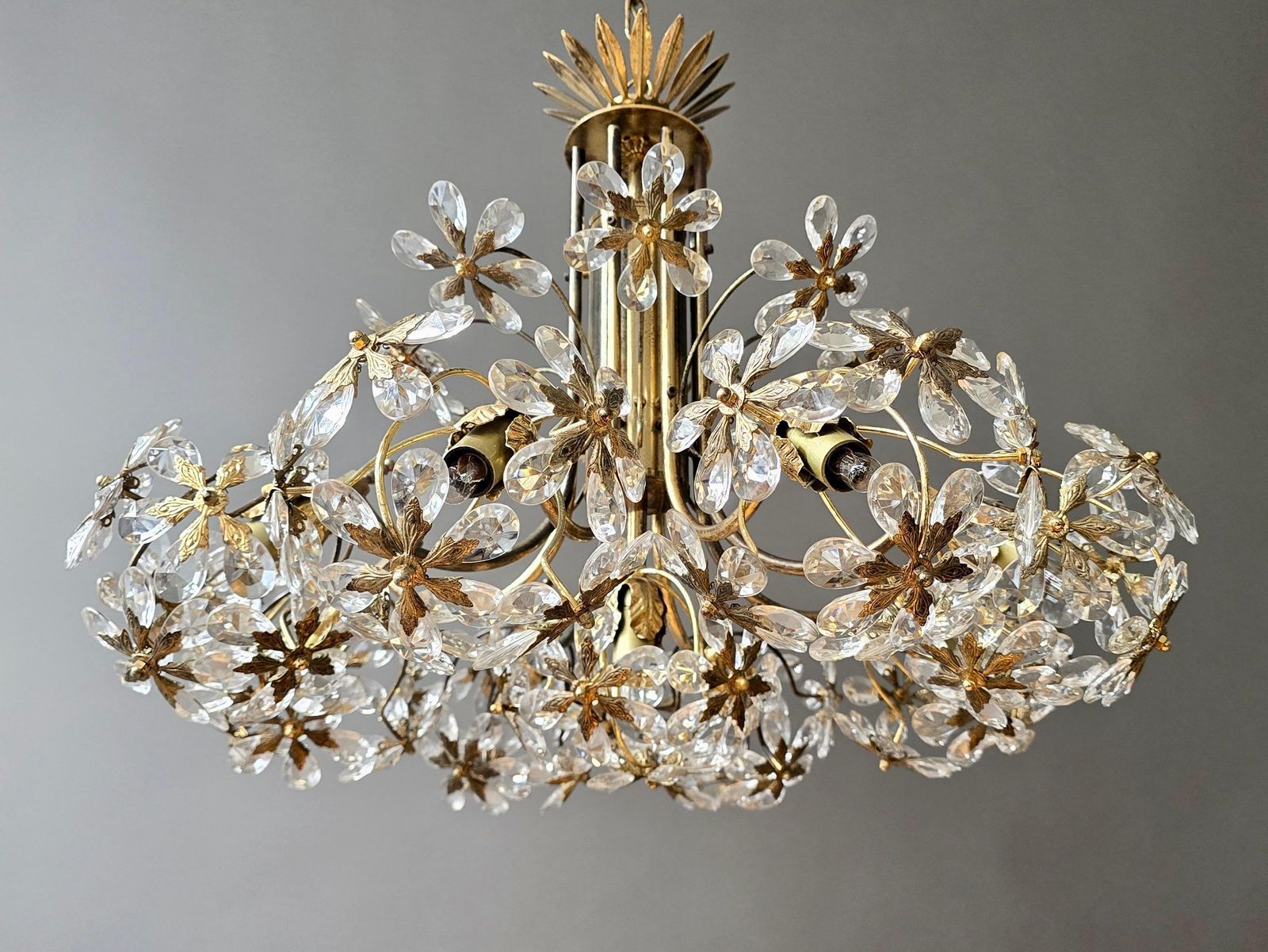 Mid Century Gilt Brass Floral Crystal Chandelier, Attributed To Palwa, Germany photo vintage