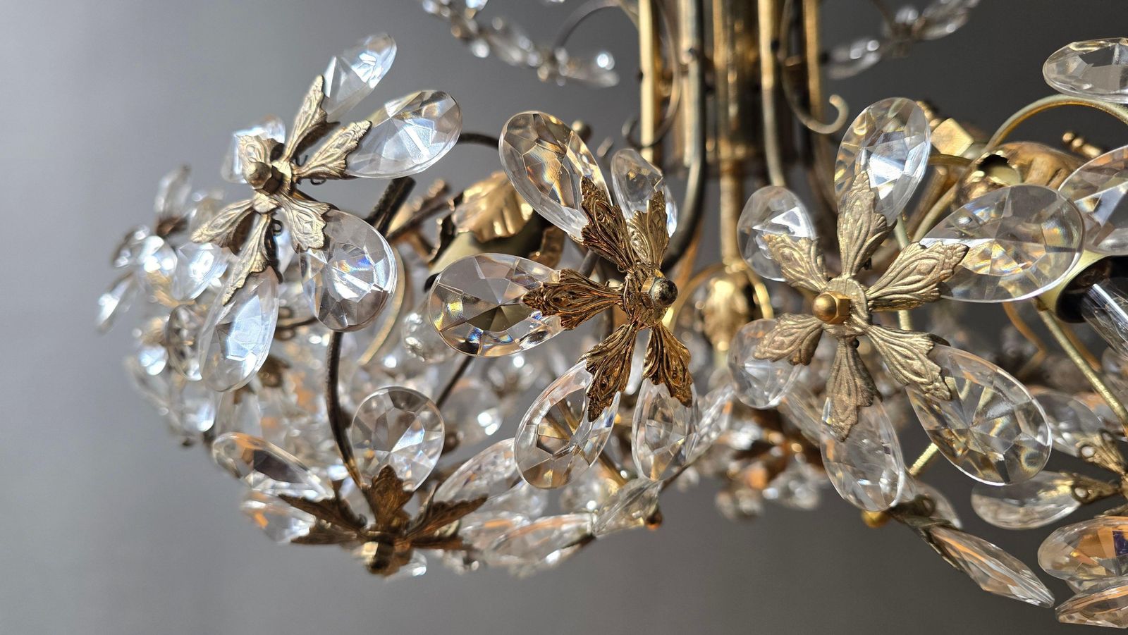 3882.0 Mid Century Gilt Brass Floral Crystal Chandelier, Attributed To Palwa, Germany photo