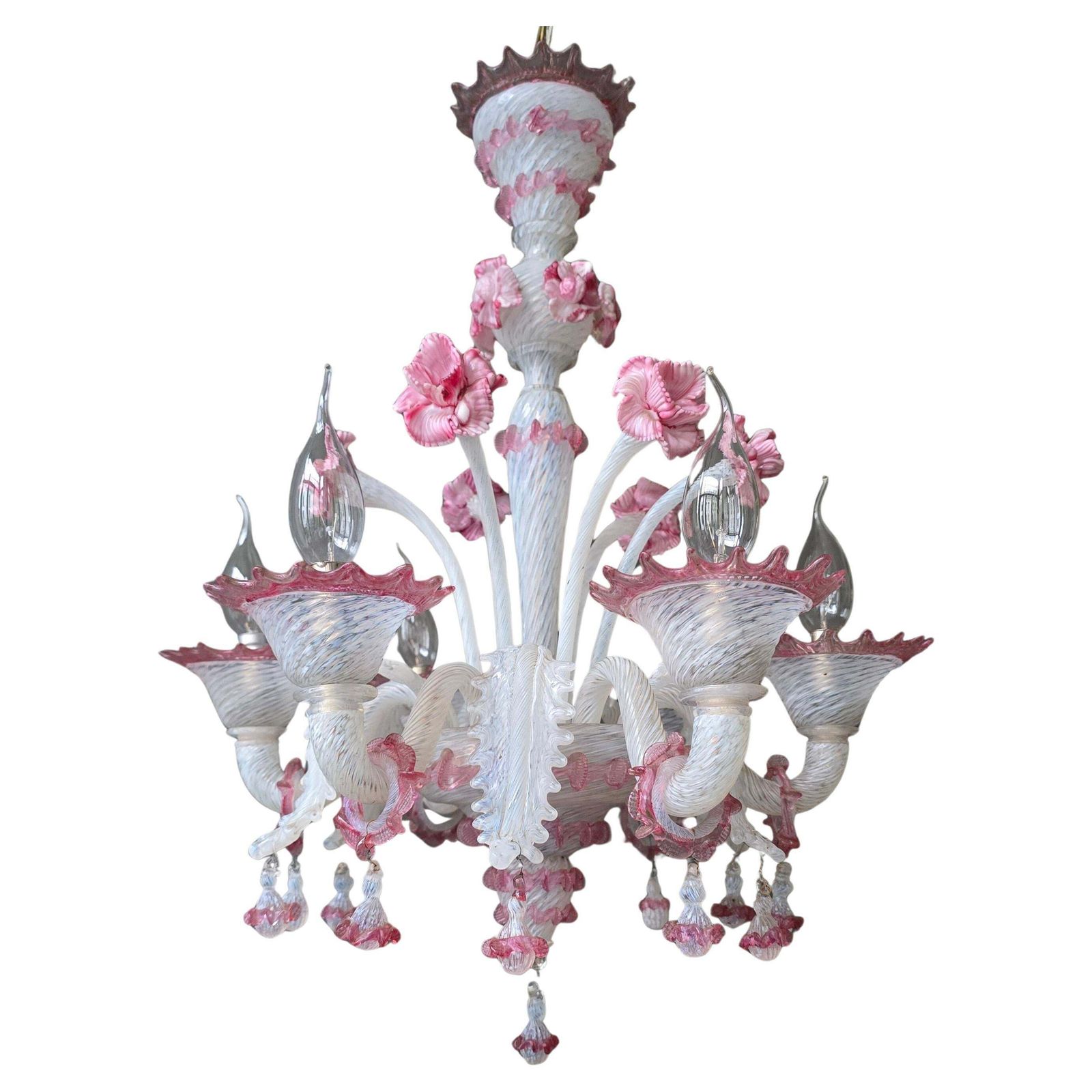 Exceptional Mid Century Murano Glass Chandelier With Rare Pink Flowers, Italy