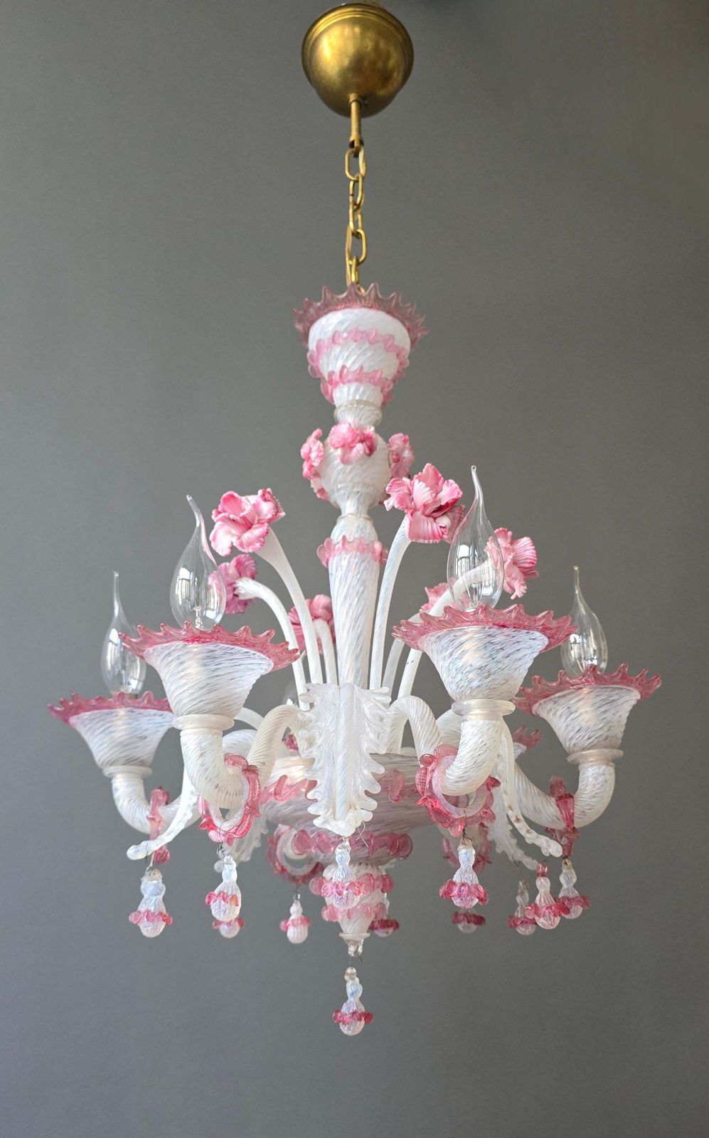 Exceptional Mid Century Murano Glass Chandelier With Rare Pink Flowers, Italy photo furniture