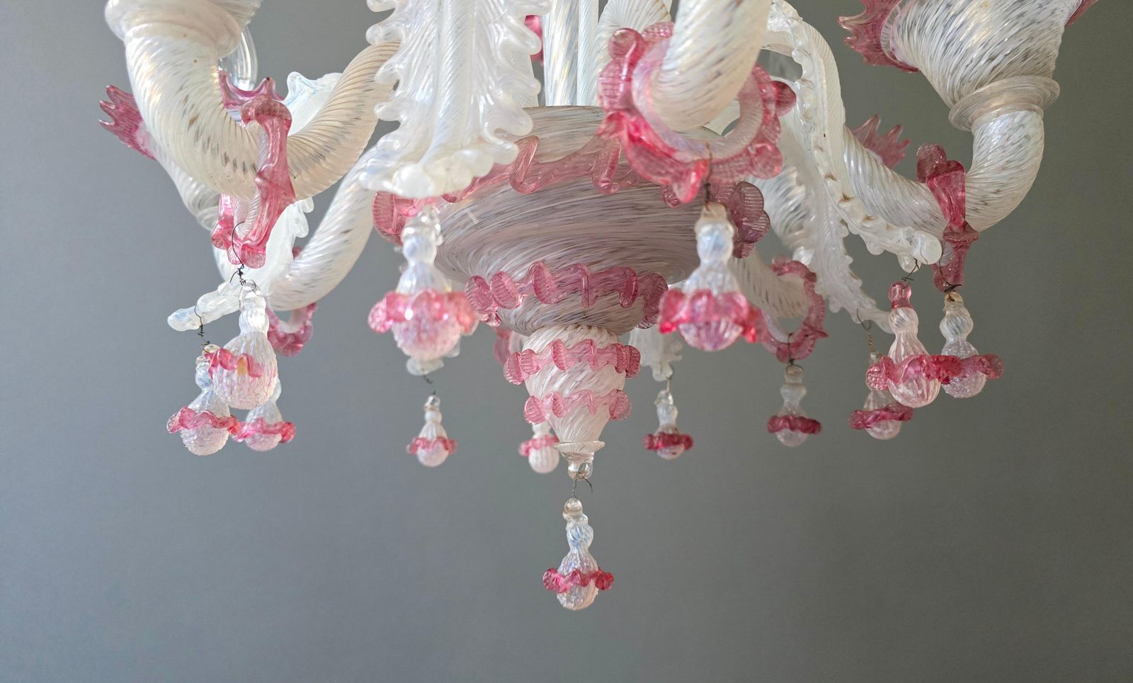 photo for sale Exceptional Mid Century Murano Glass Chandelier With Rare Pink Flowers, Italy