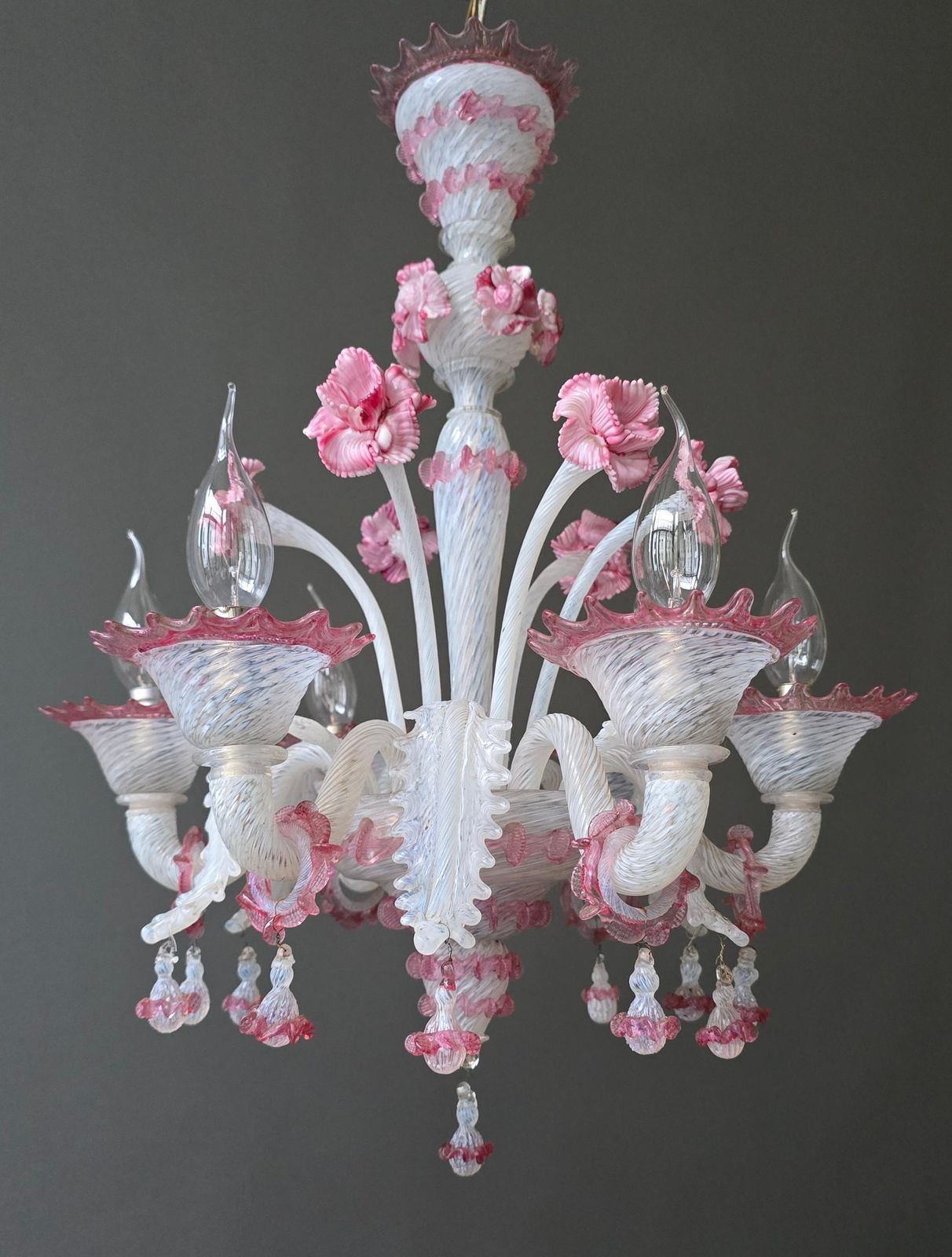 Lighting Exceptional Mid Century Murano Glass Chandelier With Rare Pink Flowers, Italy photo