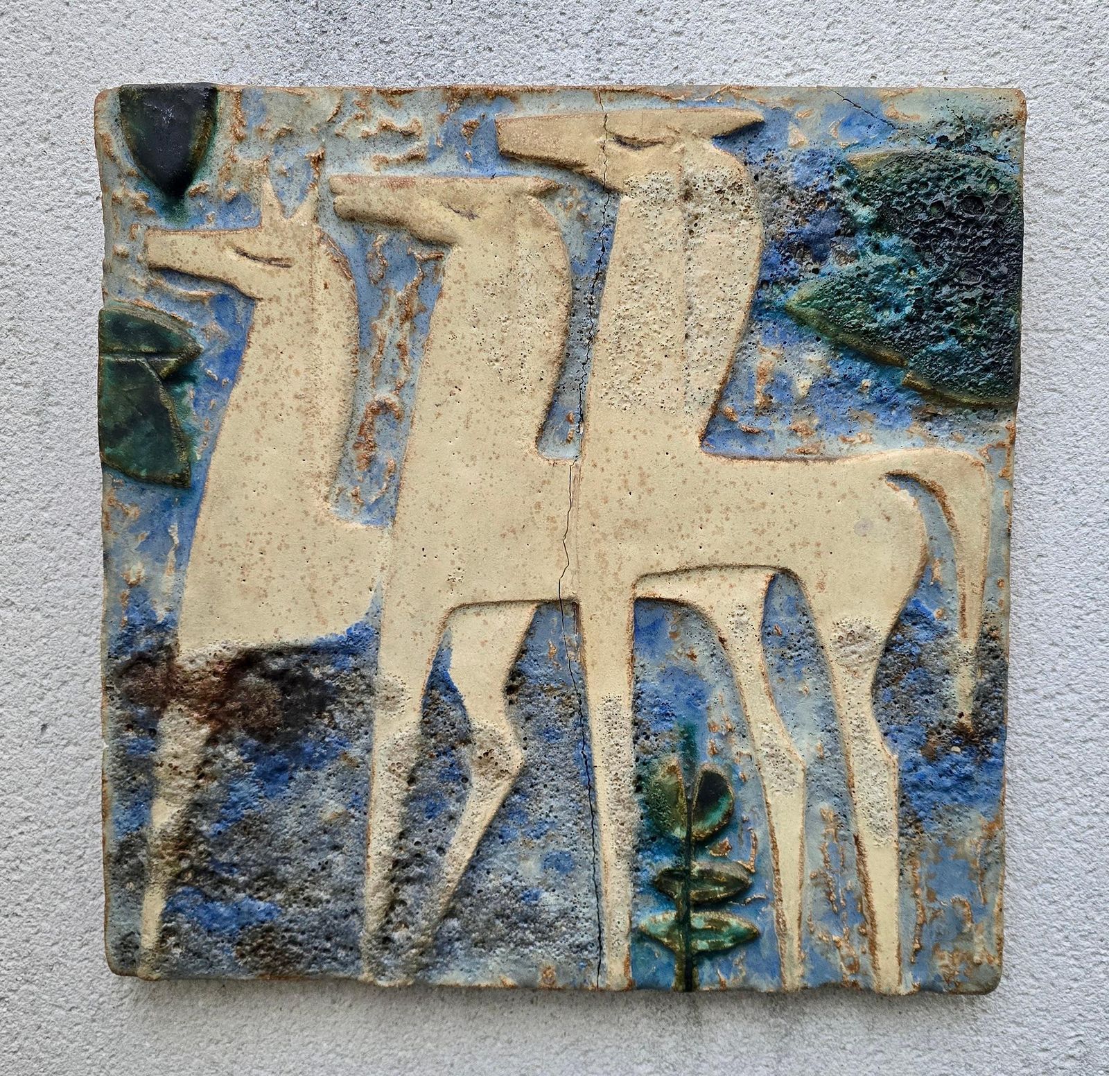 Large Mid Century Modern Ceramic Relief Panel With Stylized Horses, France photo furniture