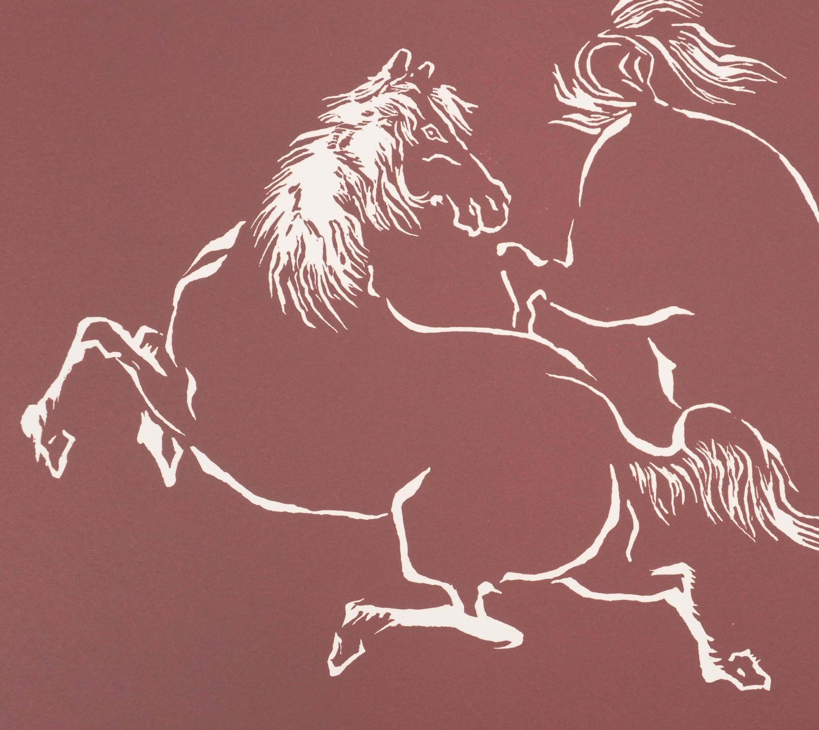 Japanese Print, Pair Of Horses Playing (Red)   Signed Woodcut photo 130.0