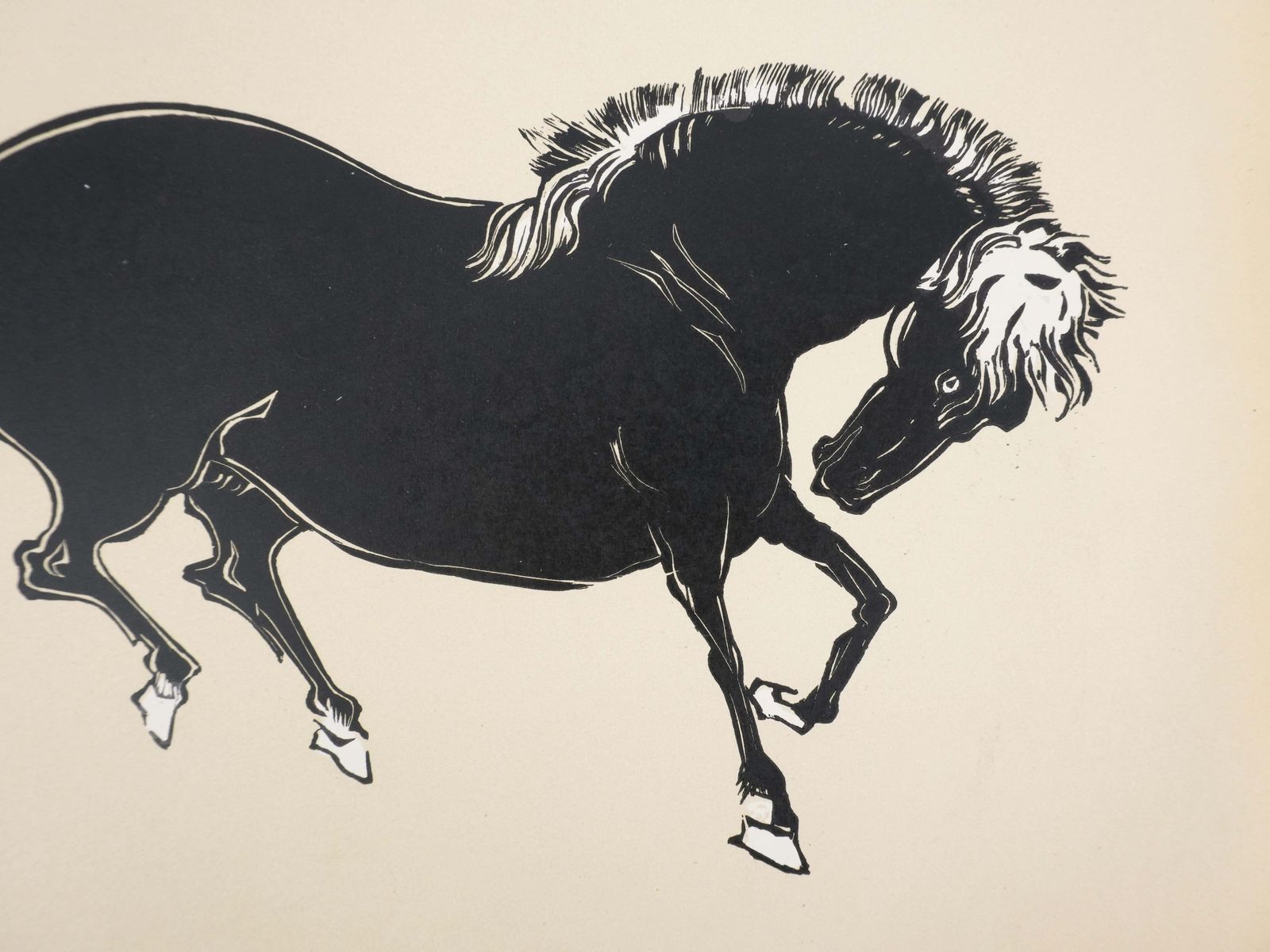 Japanese Print, Horse Bowing   Signed Woodcut photo Art