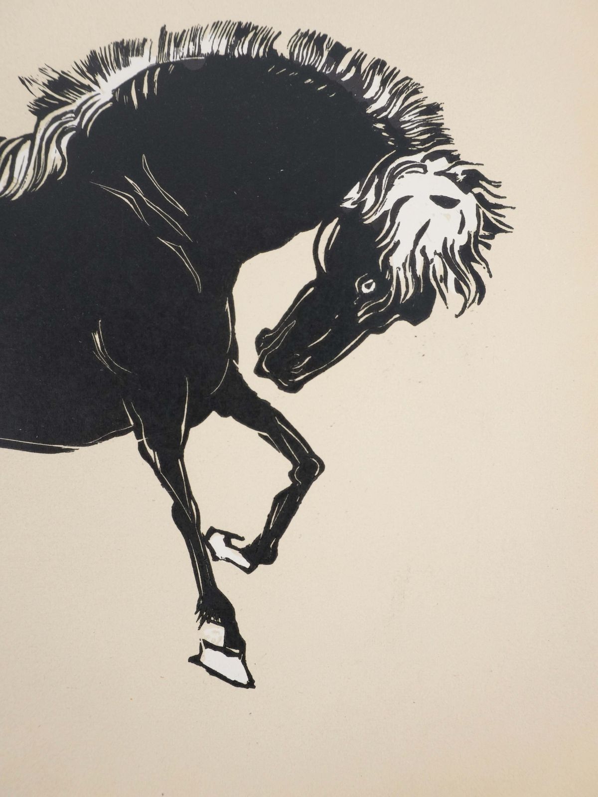 Japanese Print, Horse Bowing   Signed Woodcut photo 133.0