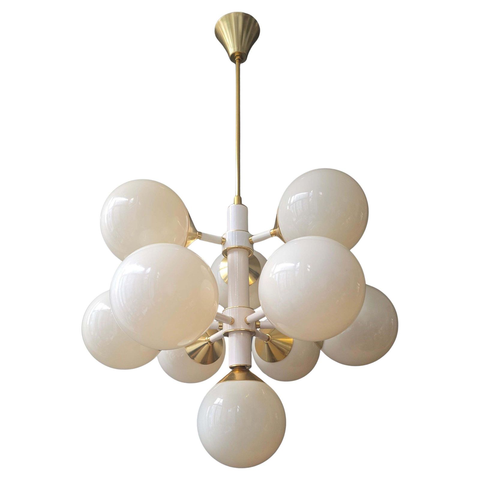 Large Italian 12 Light Sputnik Chandelier In White And Brass, 1970s