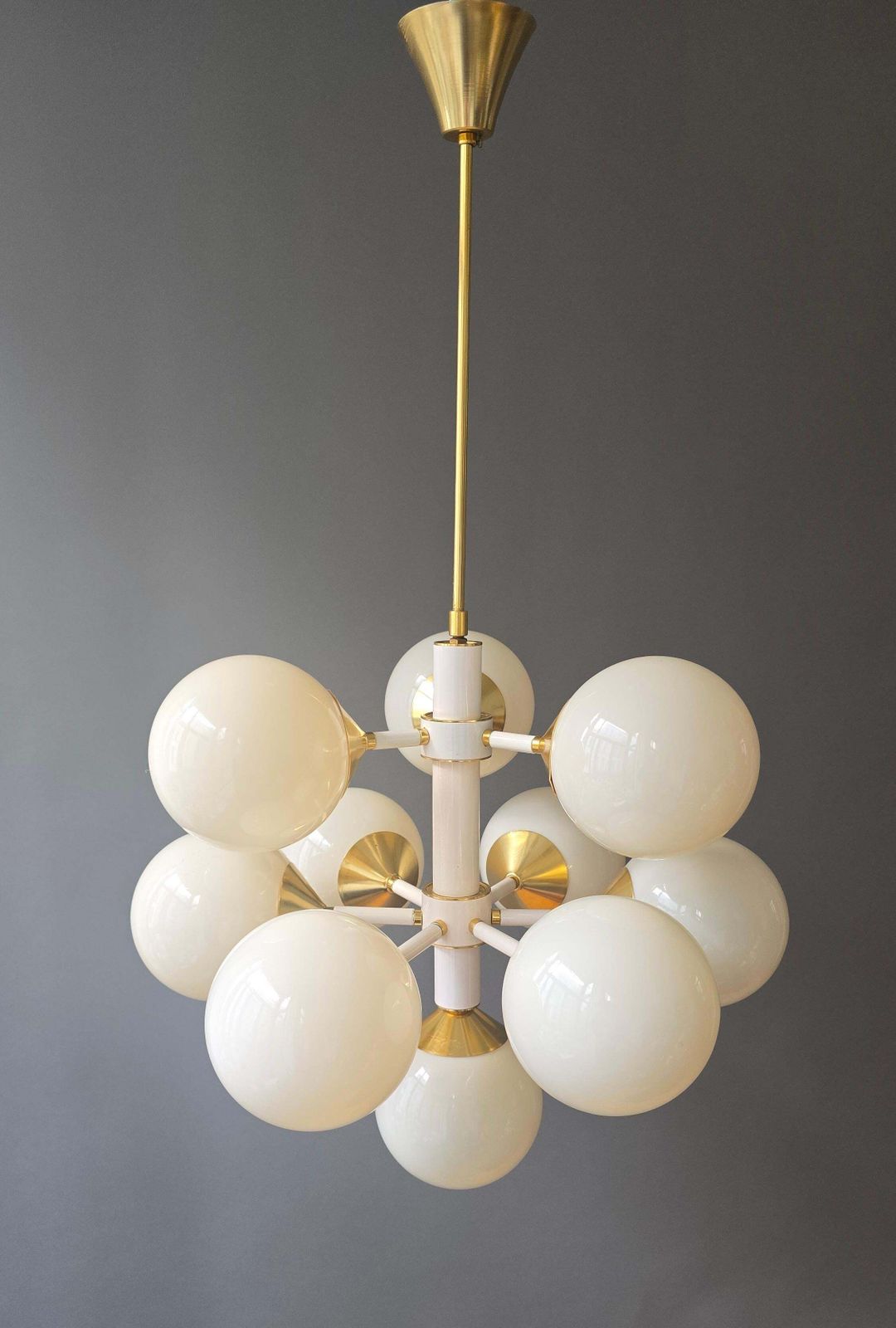 Large Italian 12 Light Sputnik Chandelier In White And Brass, 1970s photo for sale