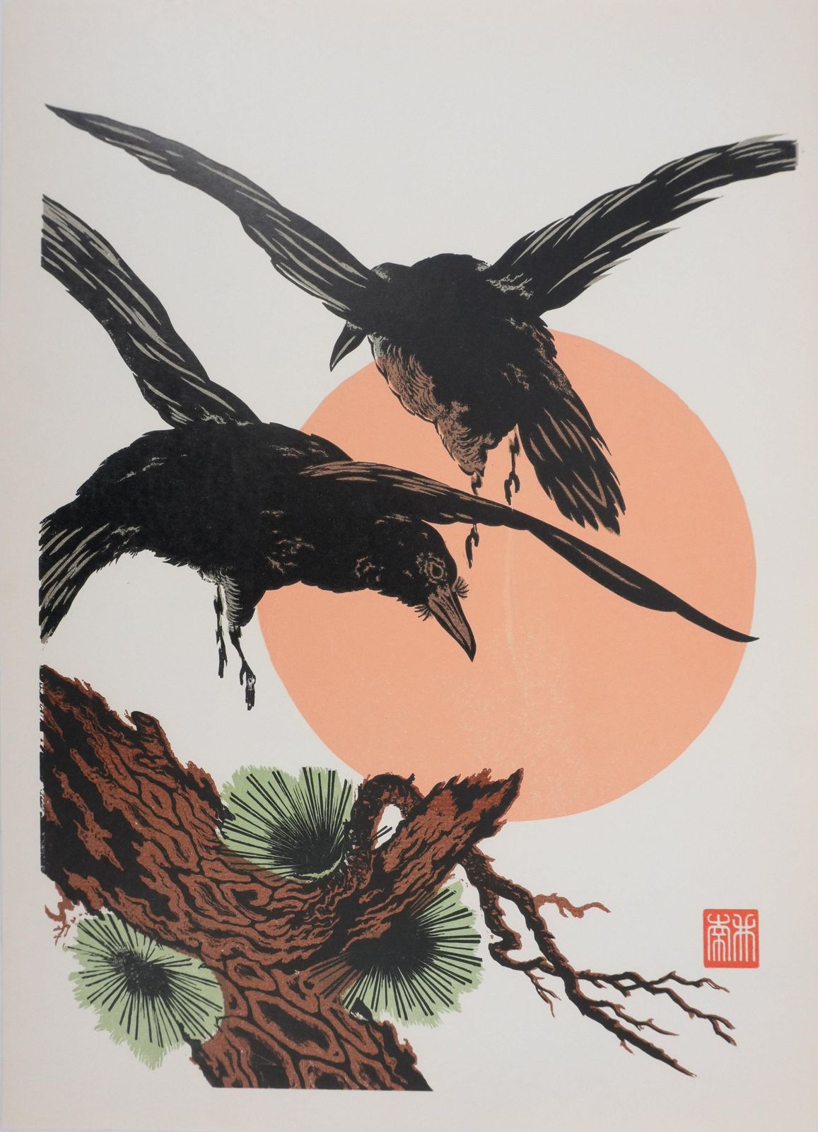 Japanese Print, The Flight Of The Crows At Sunset   Signed Woodcut
