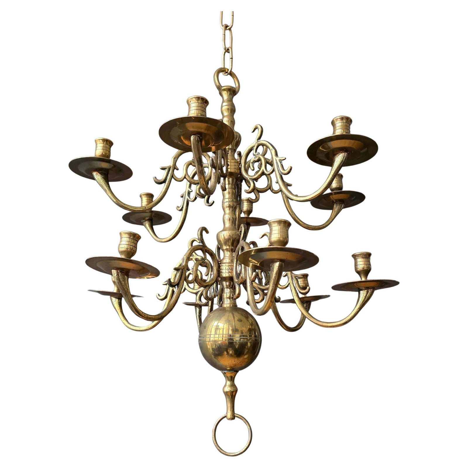 Dutch Baroque Revival 19th Century Solid Cast Brass Chandelier With 12 Candle