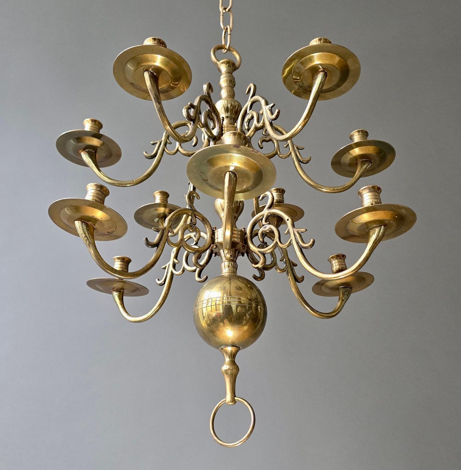 Dutch Baroque Revival 19th Century Solid Cast Brass Chandelier With 12 Candle photo Lighting