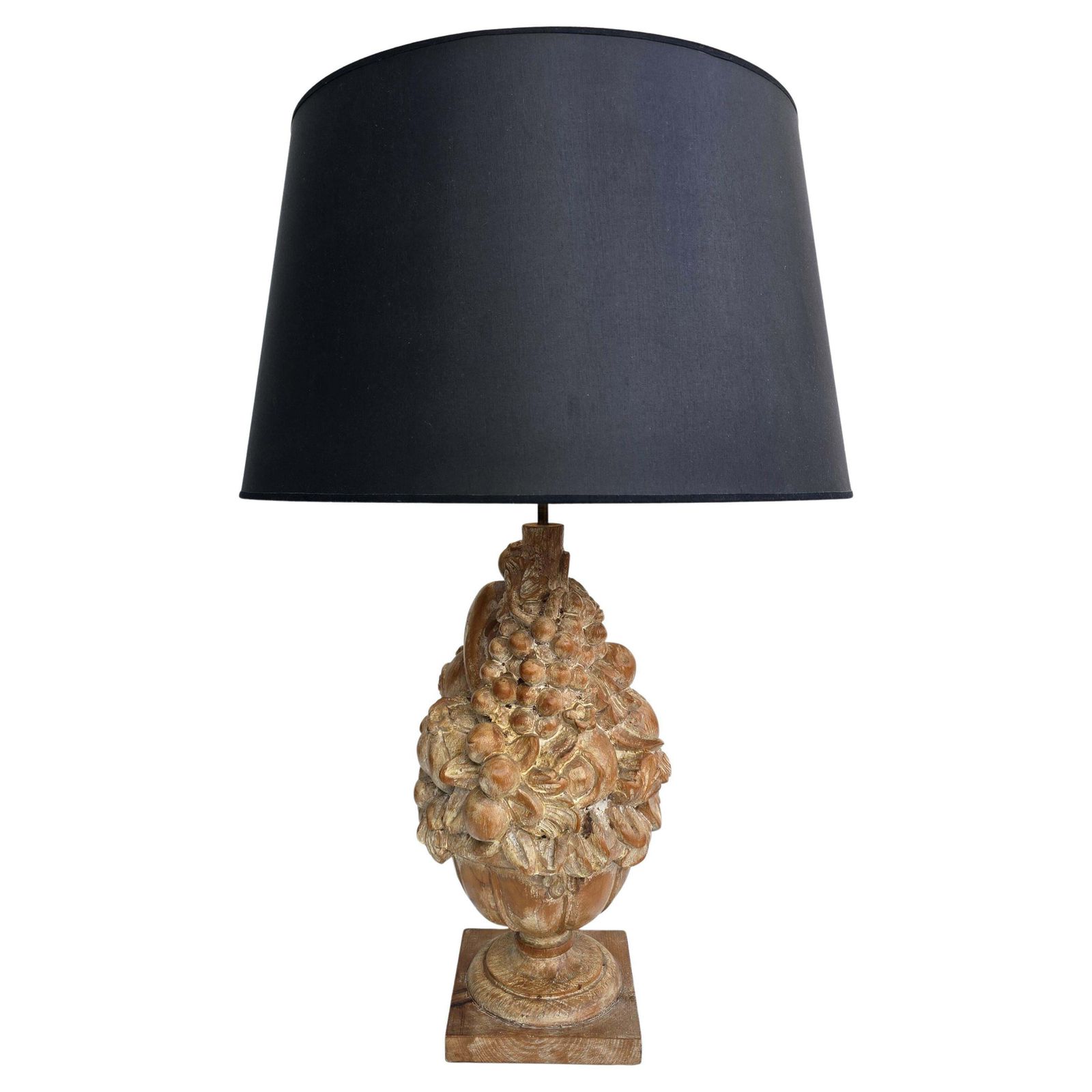 Large Hand Carved Wooden Fruit Trophy Table Lamp, Italy Or France, 1950s