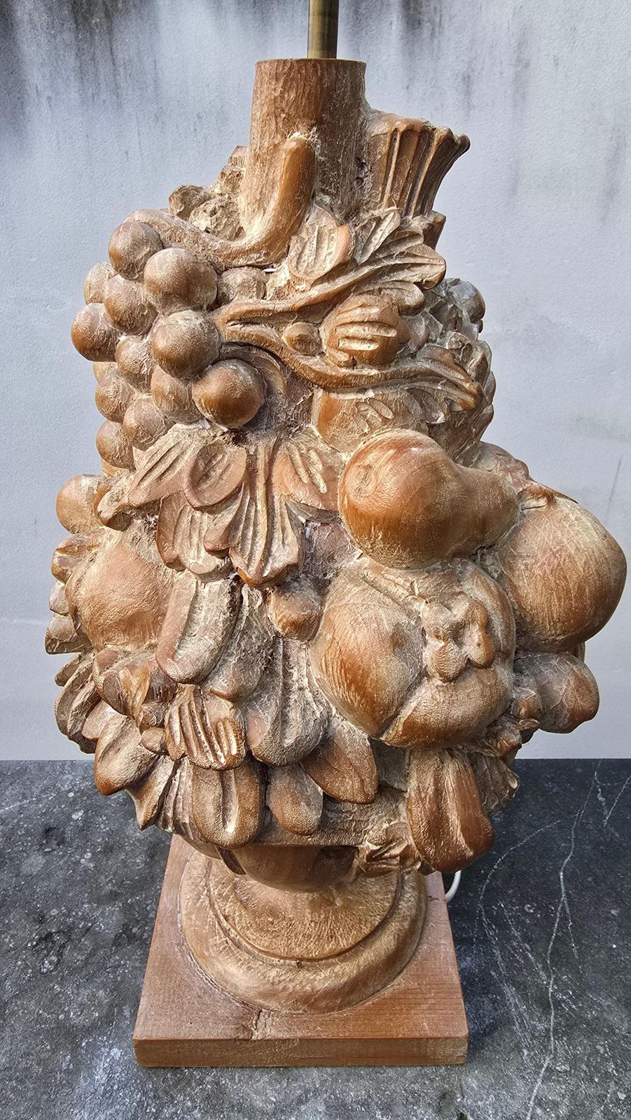 Large Hand Carved Wooden Fruit Trophy Table Lamp, Italy Or France, 1950s photo Lighting