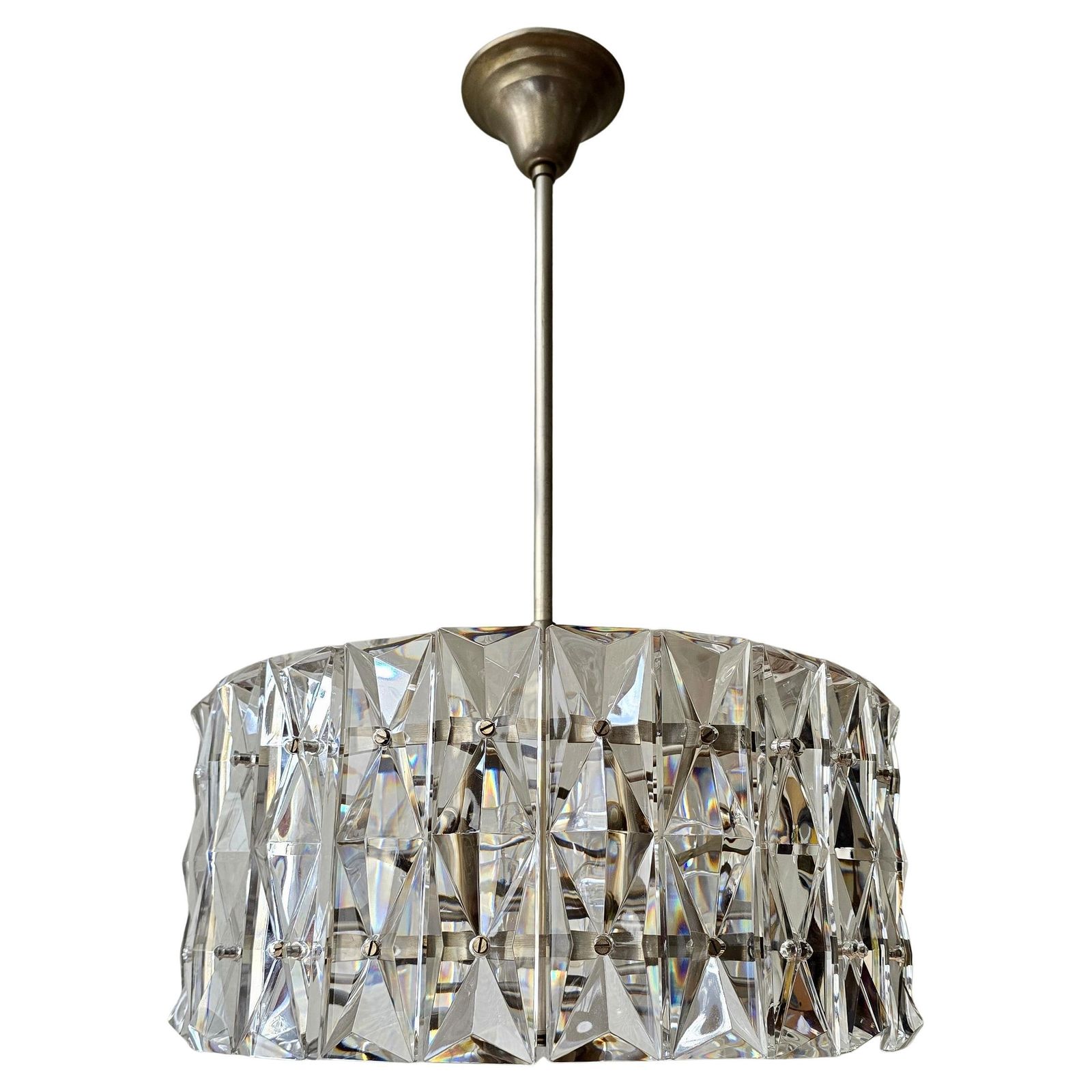 Mid Century Italian Crystal Glass Pendant Lamp With Nickel Frame, 1960s photo for sale