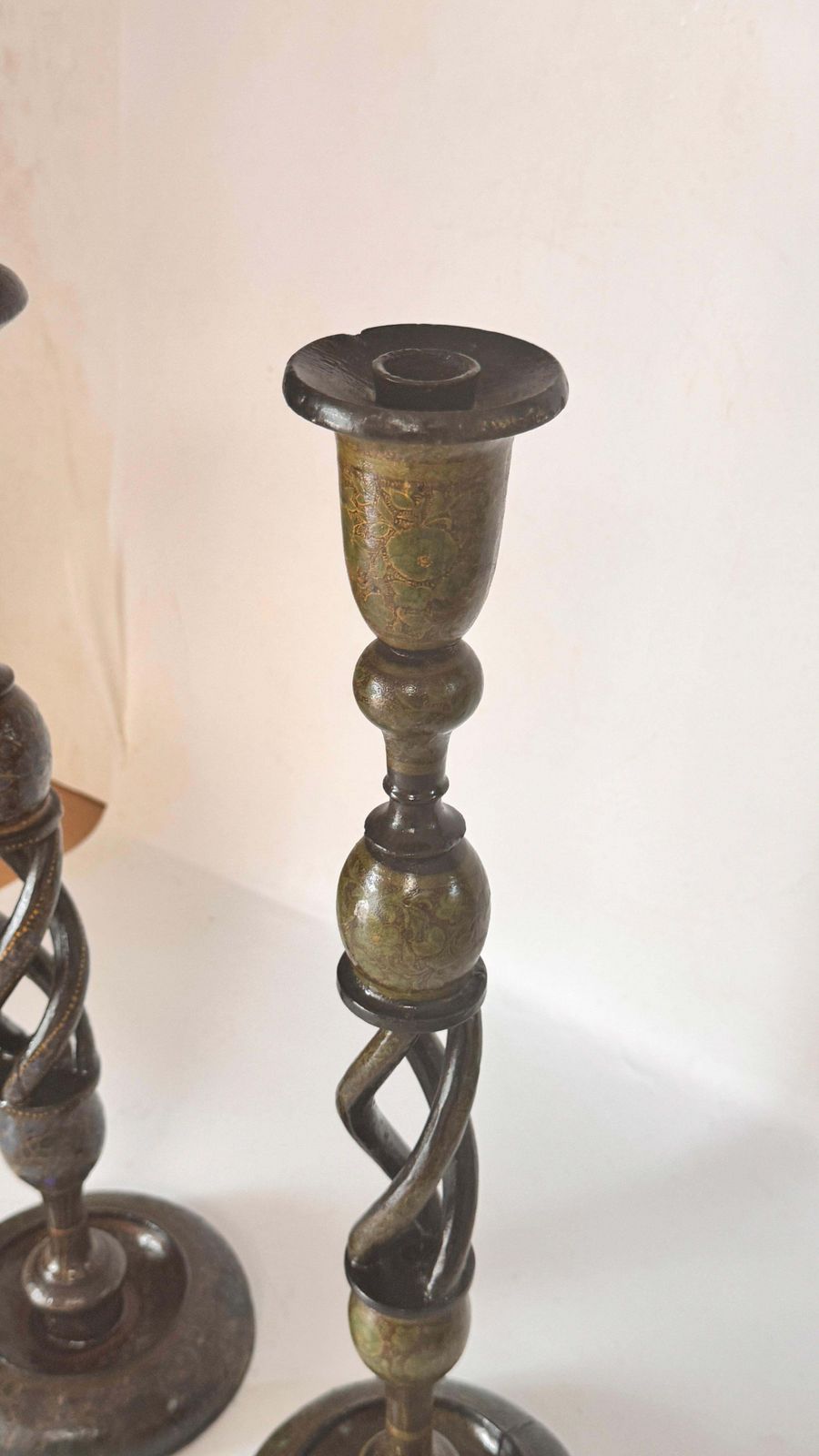 Pair Of Hand Painted Wooden Candlesticks — France, 1970s photo vinterior