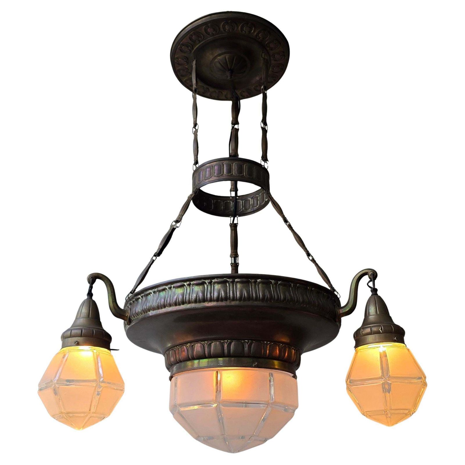 Large French Art Deco Brass Chandelier With Frosted Geometric Glass Shades