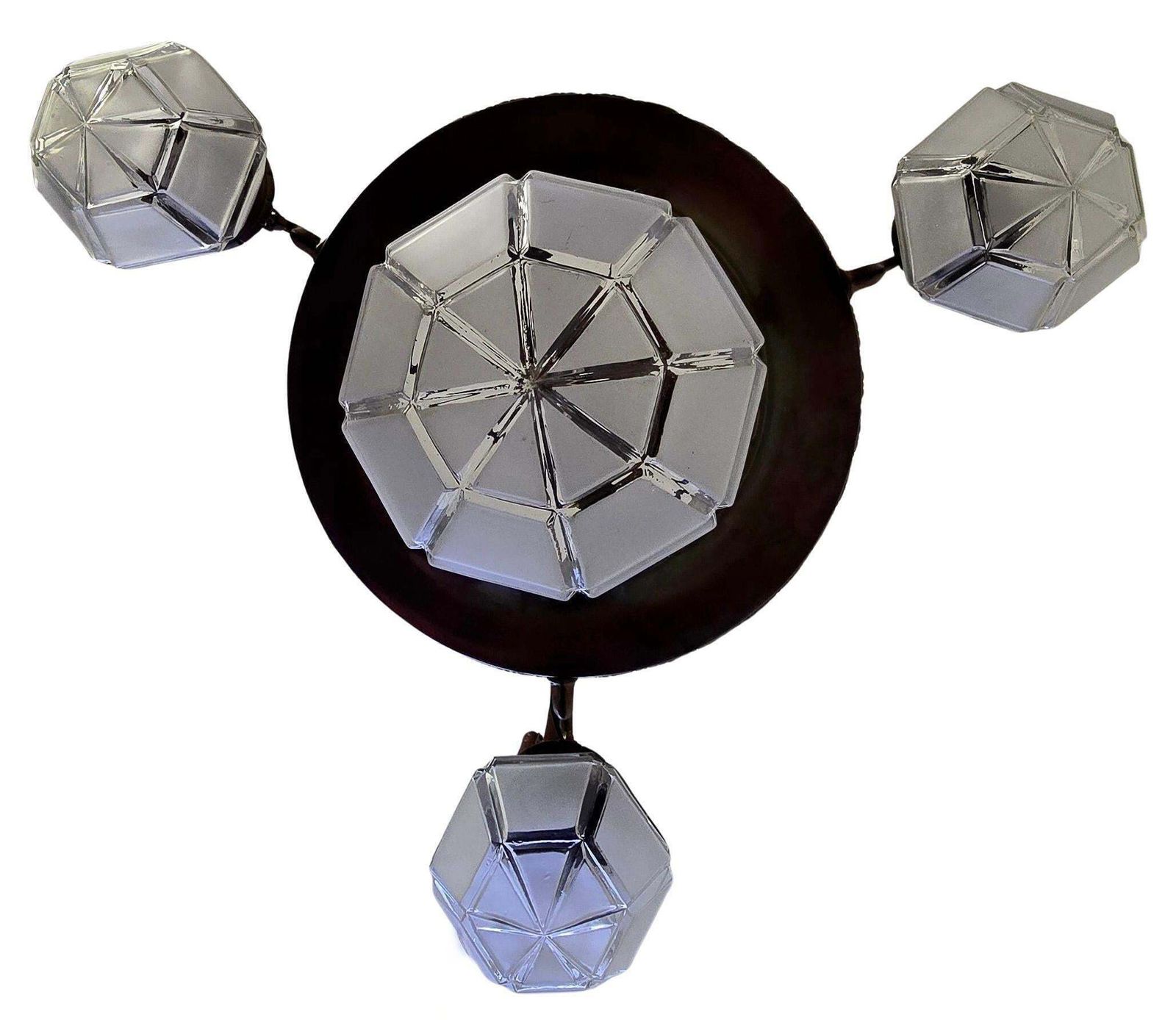 Large French Art Deco Brass Chandelier With Frosted Geometric Glass Shades photo vinterior