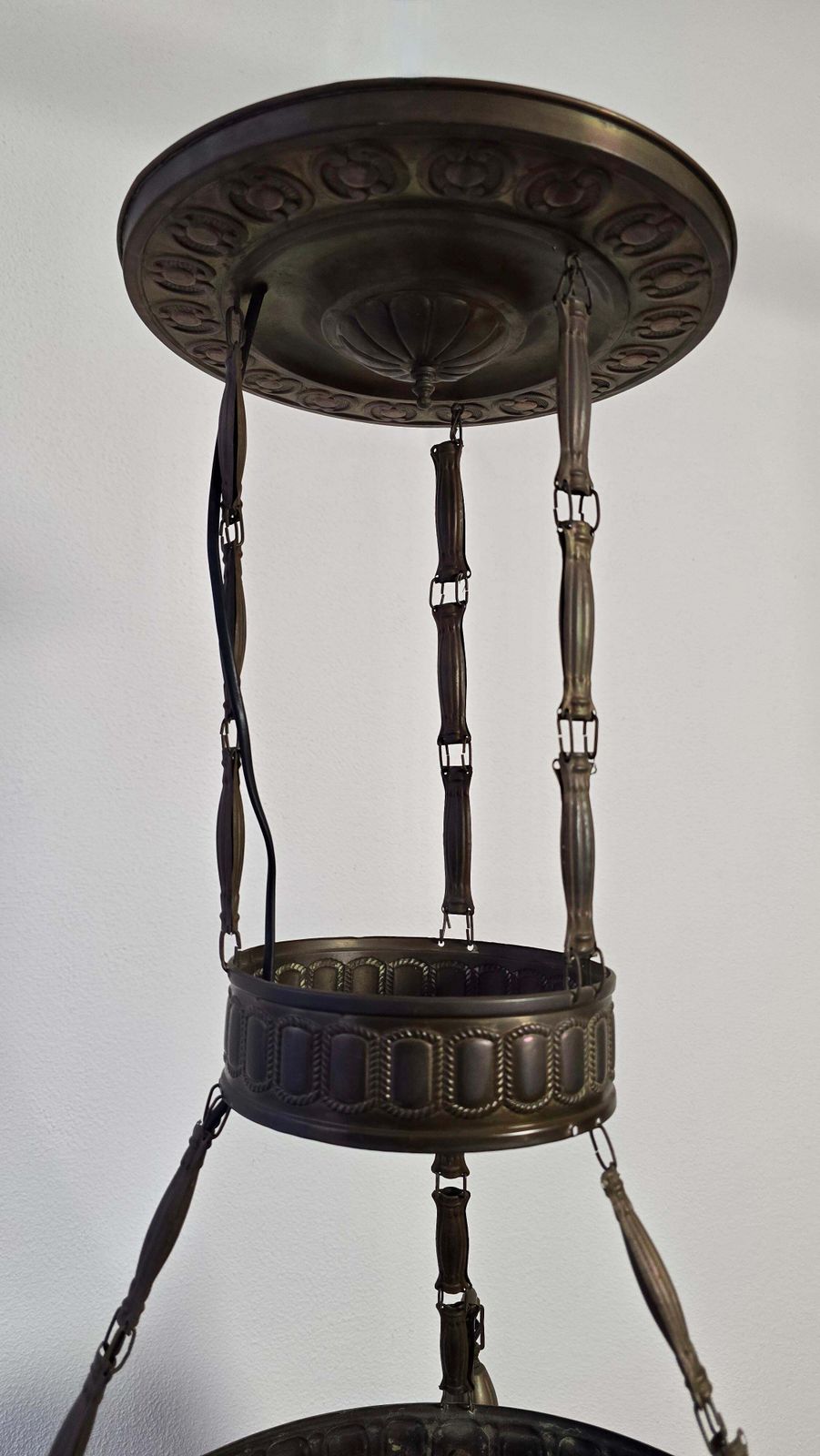 Large French Art Deco Brass Chandelier With Frosted Geometric Glass Shades photo buy