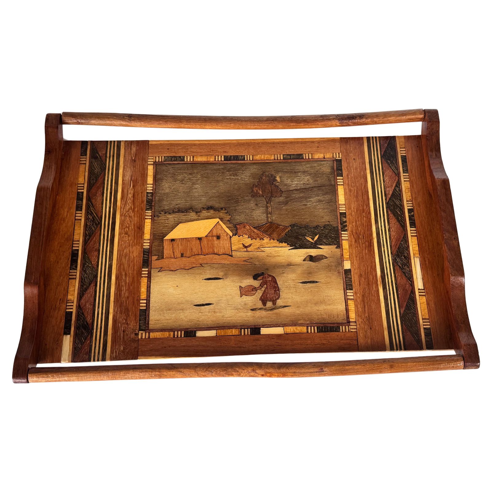 950s French Wooden Marquetry Tray – Traditional Craftwork With Winter Scene
