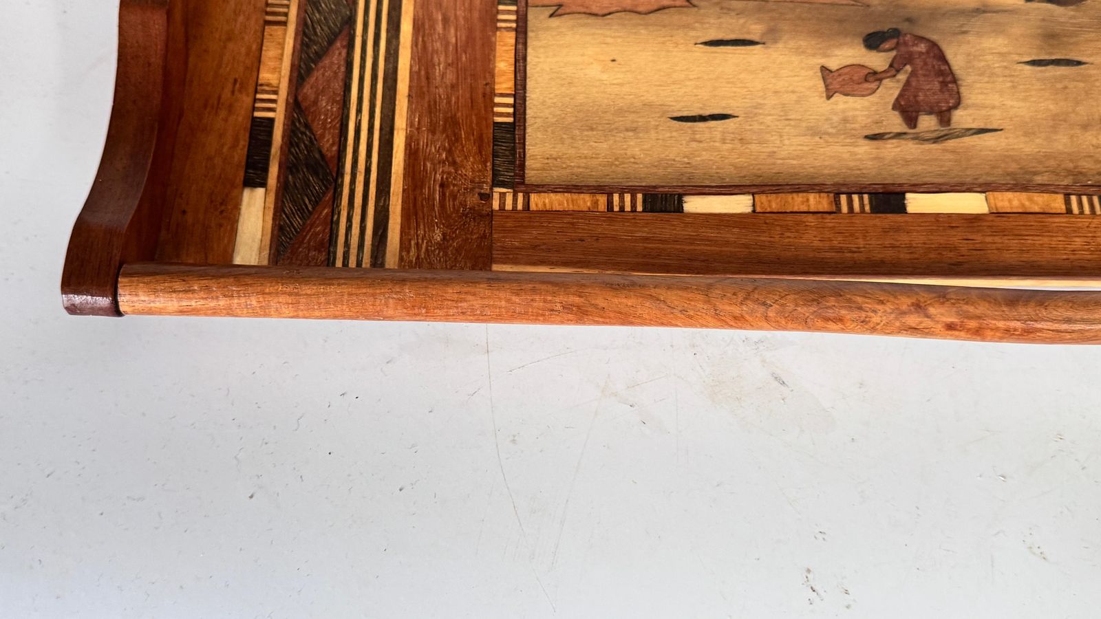 photo furniture 950s French Wooden Marquetry Tray – Traditional Craftwork With Winter Scene
