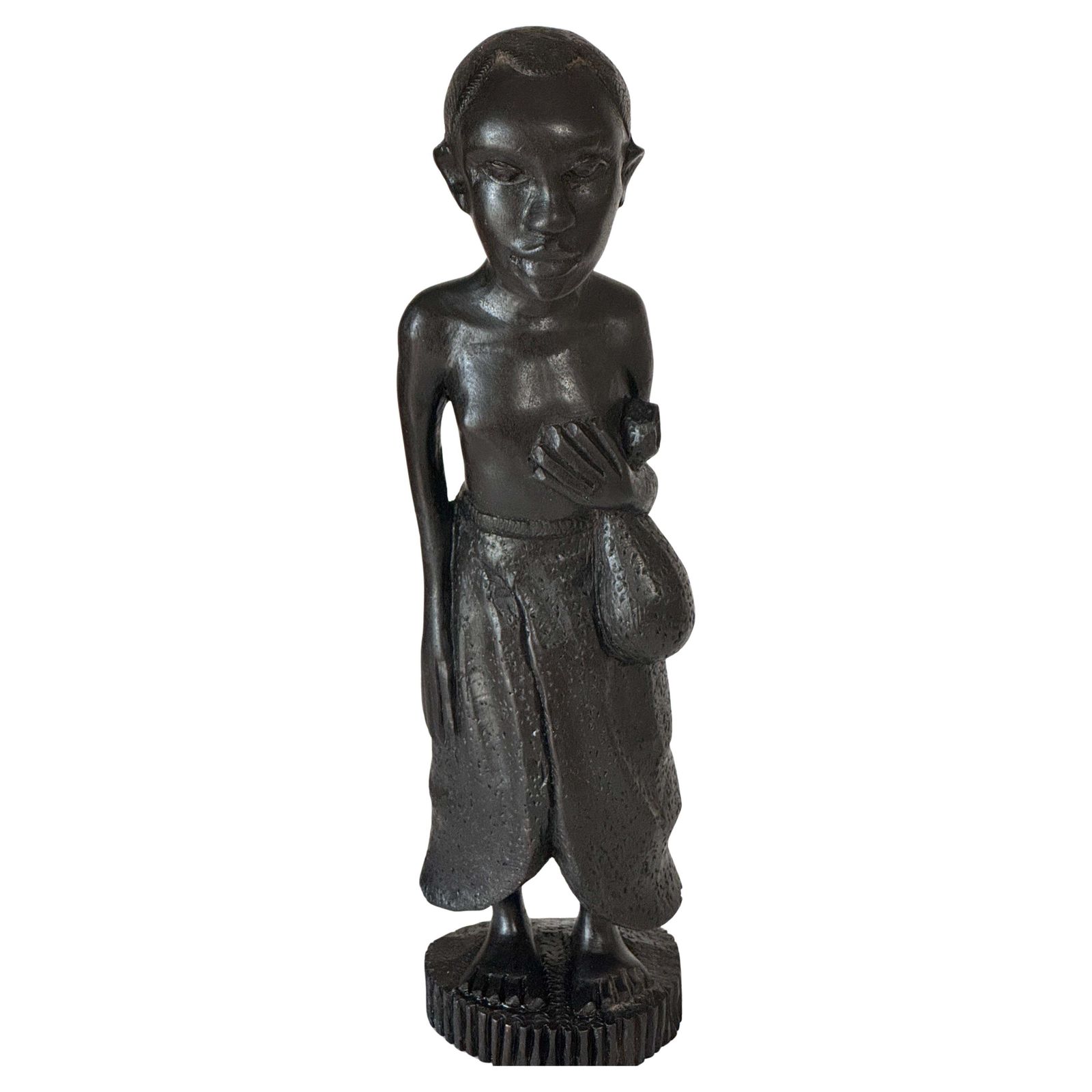 1950s French Wooden Female Sculpture – Expressive Carved Figure With Draped Skir photo for sale