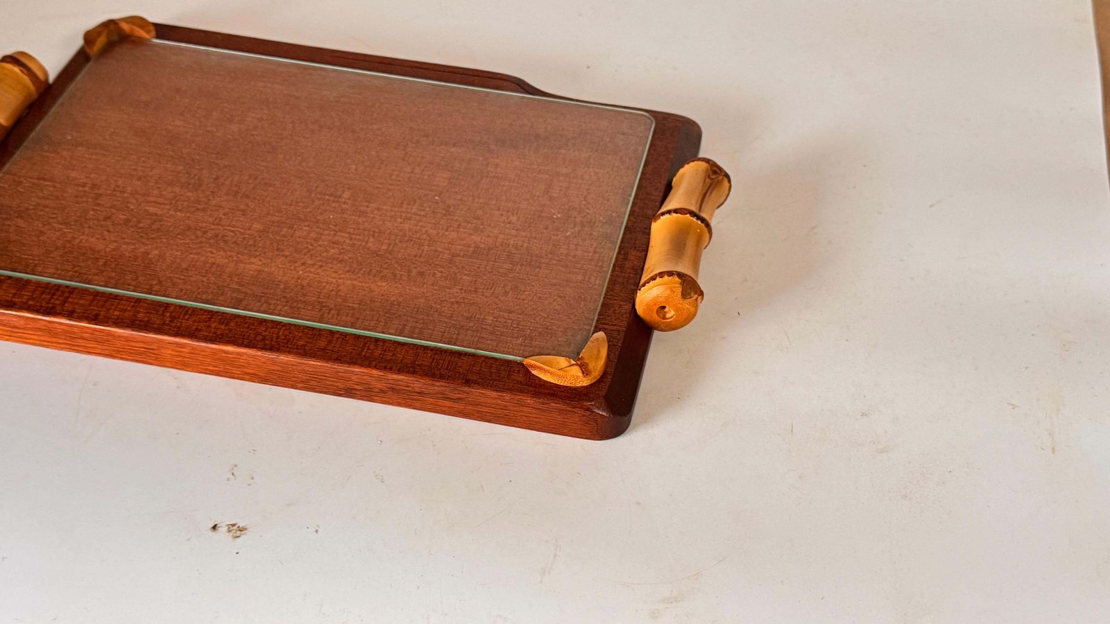 1970s French Wooden Cheese Tray With Glass Plate & Knife Slot photo for sale