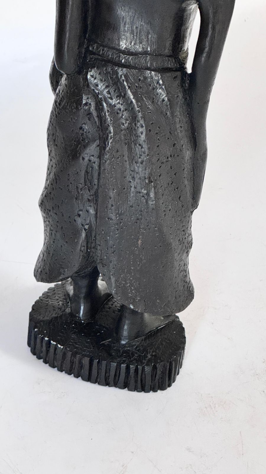 photo for sale 1950s French Wooden Female Sculpture – Expressive Carved Figure With Draped Skir