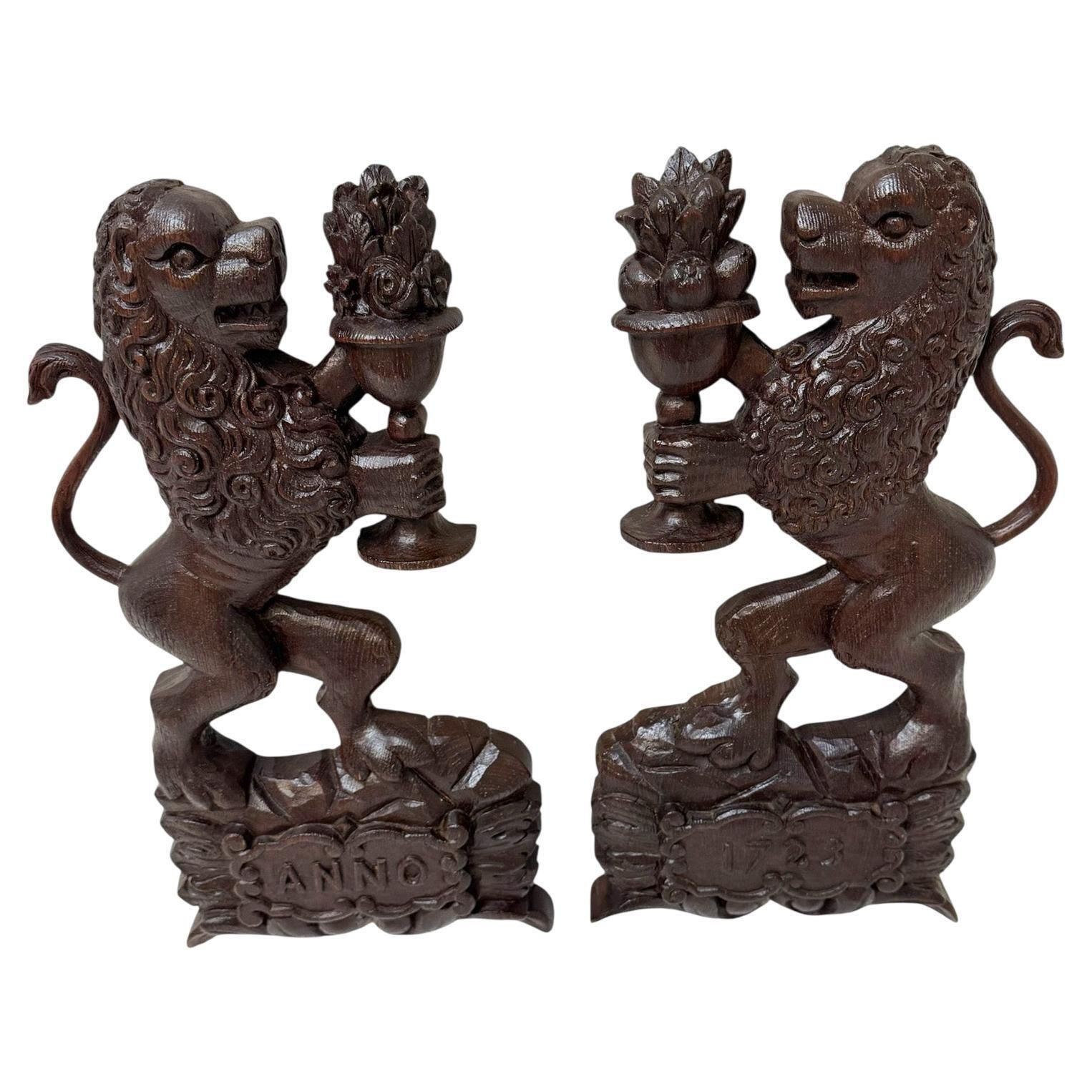 Antique Pair Of Hand Carved Sculptures Of Lions The Netherlands, 1723