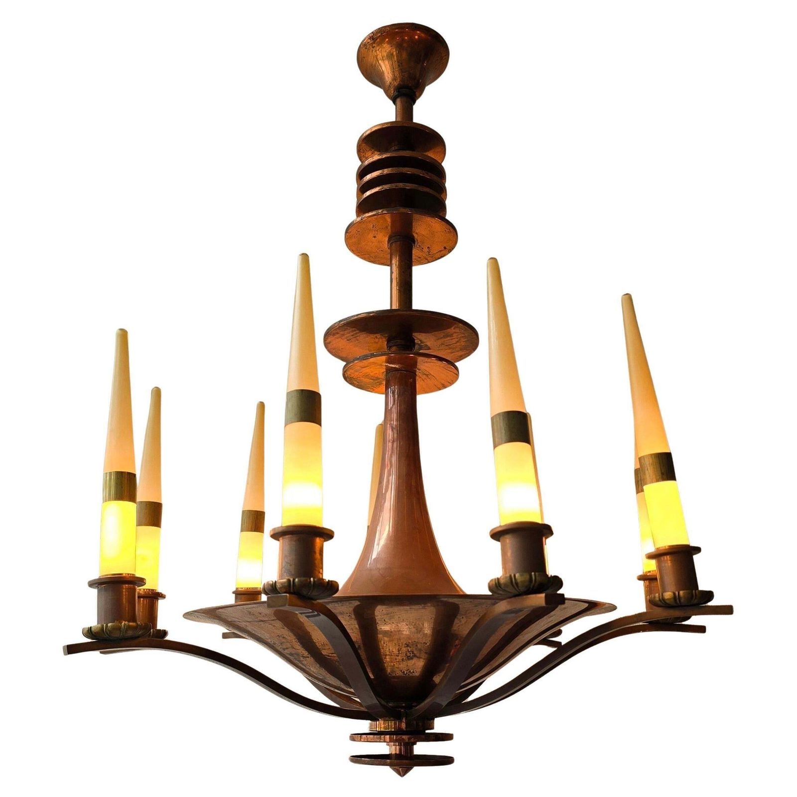 Spectacular Italian Art Deco Copper Chandelier With Eight Opaline Glass Candles photo furniture